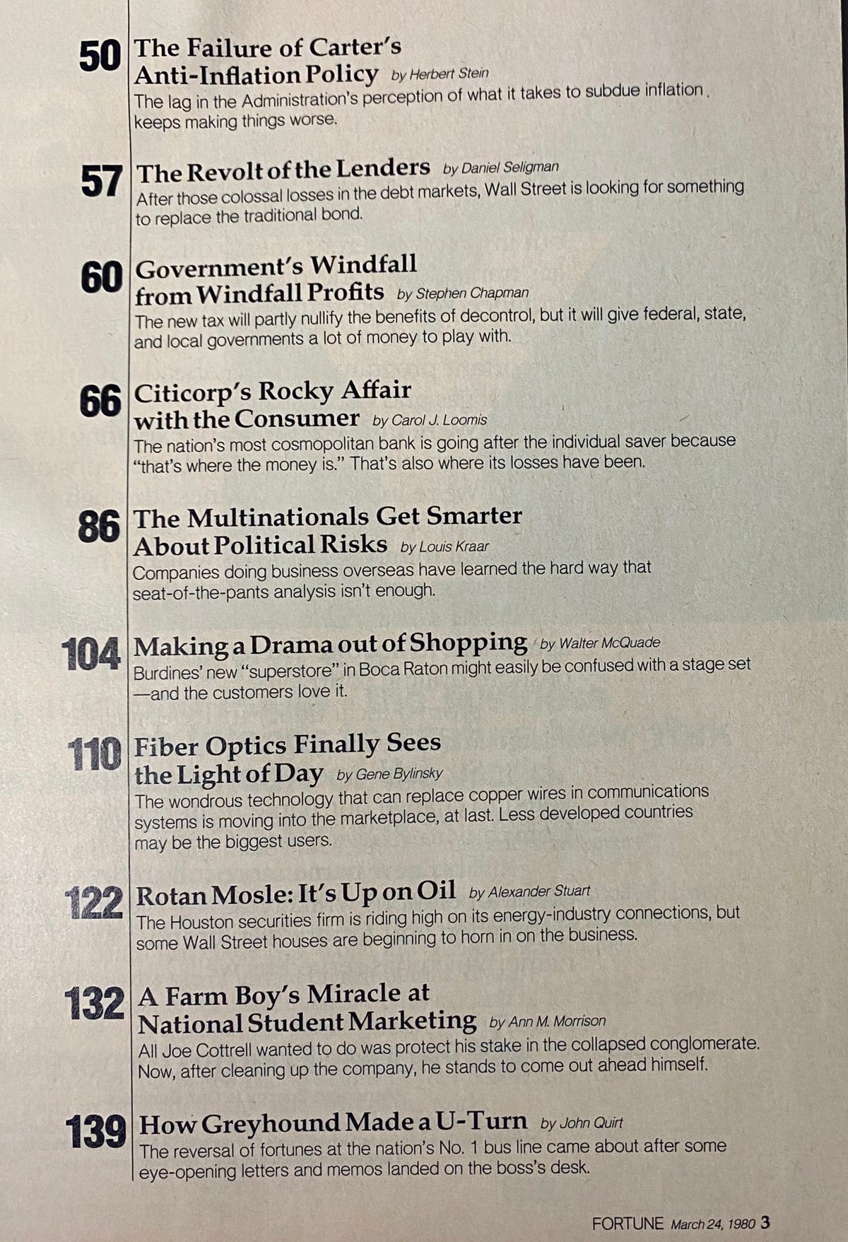 Index page from Fortune Magazine March 24, 1980 listing featured articles, including 'The Failure of Carter's Anti-Inflation Policy' and 'Citicorp's Rocky Affair with the Consumer'.