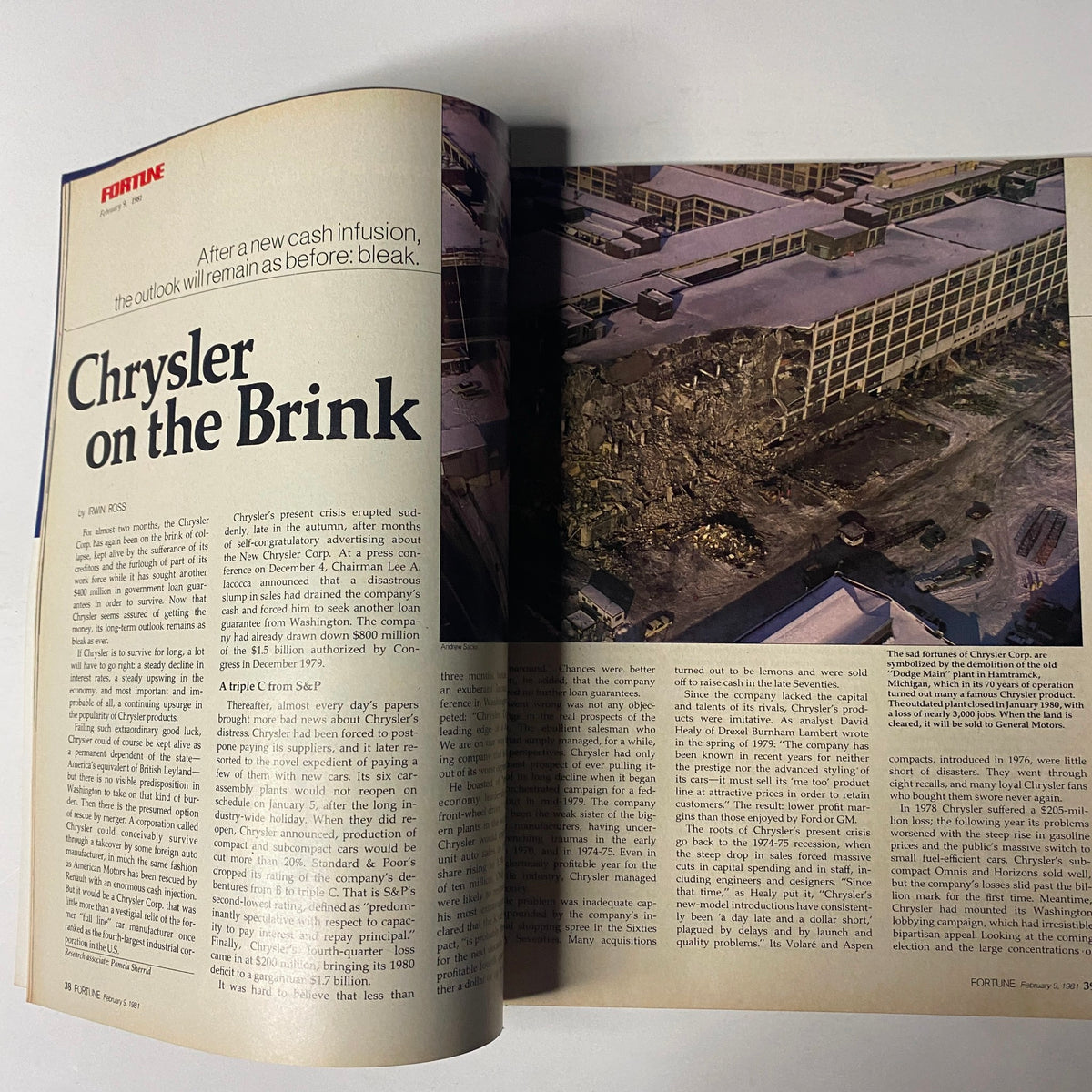 Feature article 'Chrysler on the Brink' from Fortune Magazine February 9, 1981, discussing Chrysler's financial crisis with insightful analysis and an accompanying image of a damaged facility.