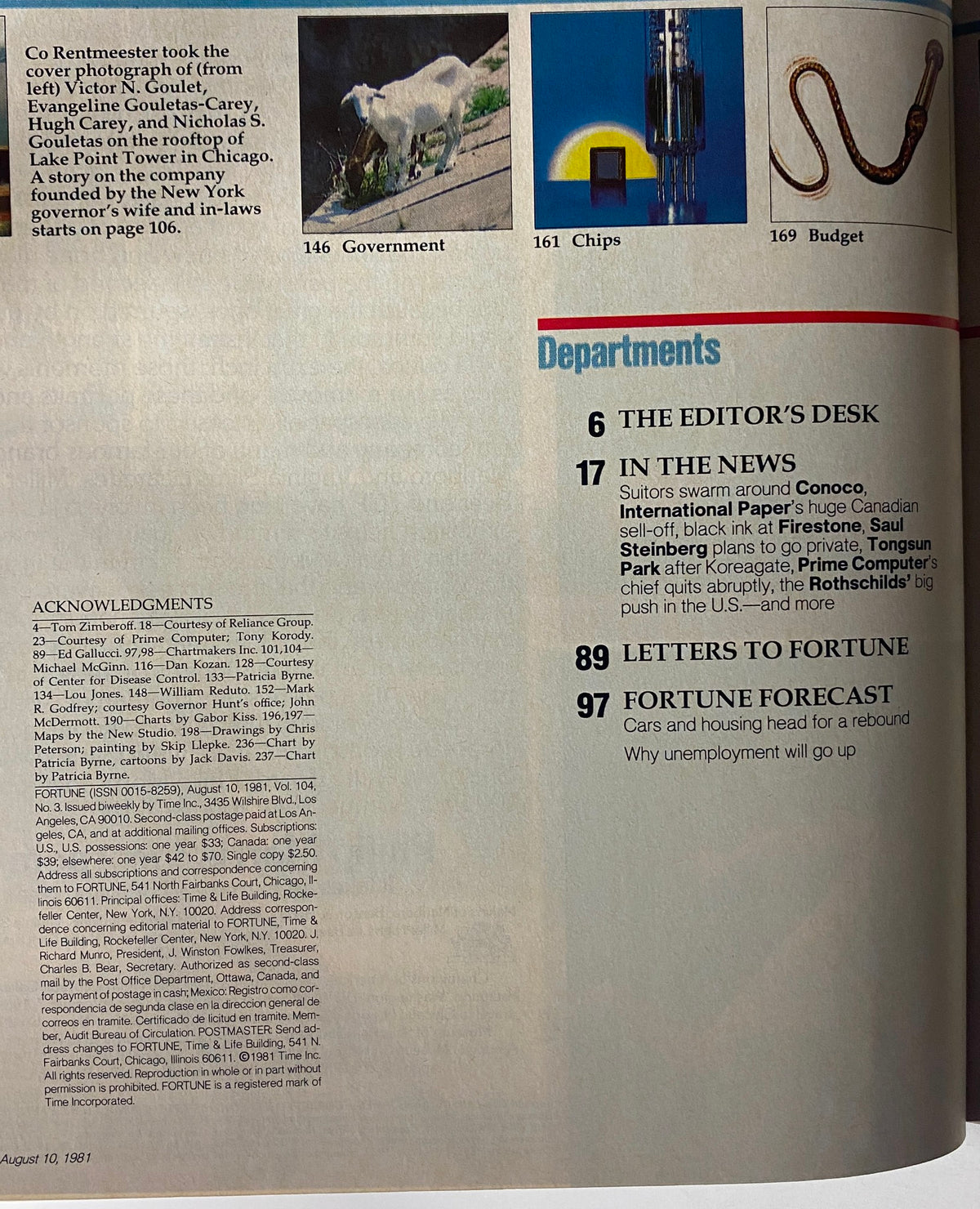 Interior page of Fortune Magazine August 10, 1981, showing article acknowledgments and highlights on business topics, including 'In the News' and 'Fortune Forecast'.