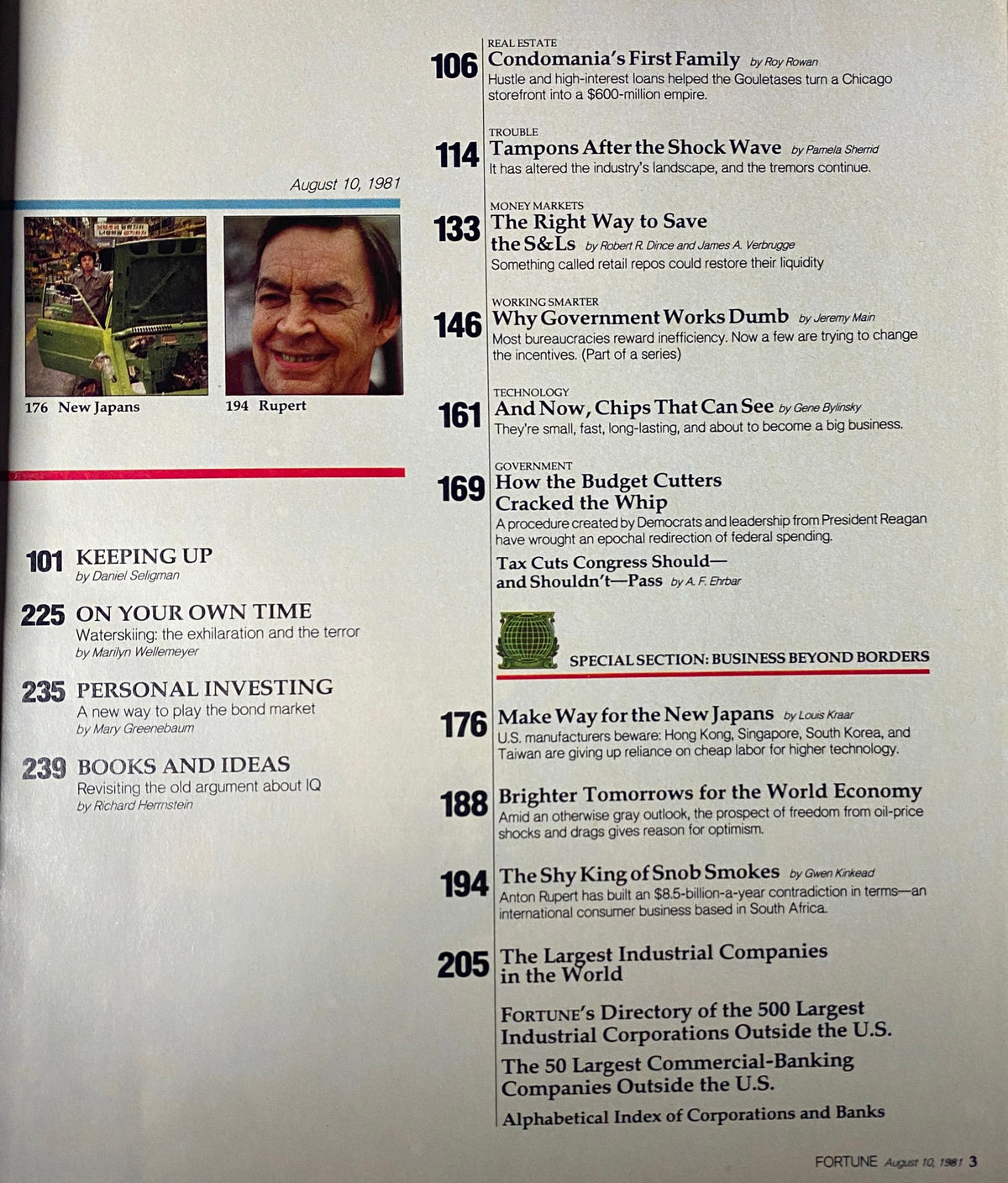 Table of contents from Fortune Magazine August 10, 1981, listing articles including 'Condomania's First Family', highlighting key topics in real estate and business.