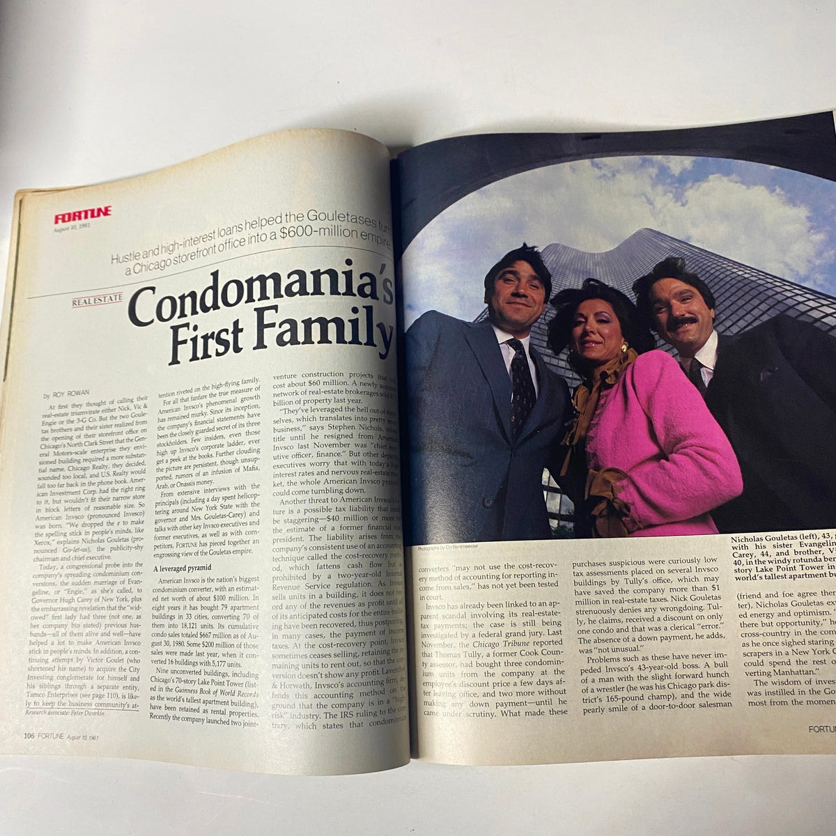 In-depth article spread from Fortune Magazine August 10, 1981, titled 'Condomania's First Family', featuring three individuals linked to the condominium development boom.
