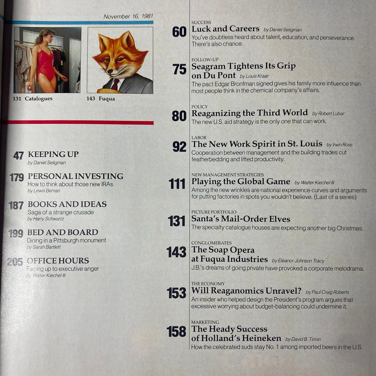 Table of contents from Fortune Magazine November 16, 1981 showcasing articles including 'Luck and Careers' and 'The Soap Opera at Fuqua Industries'.