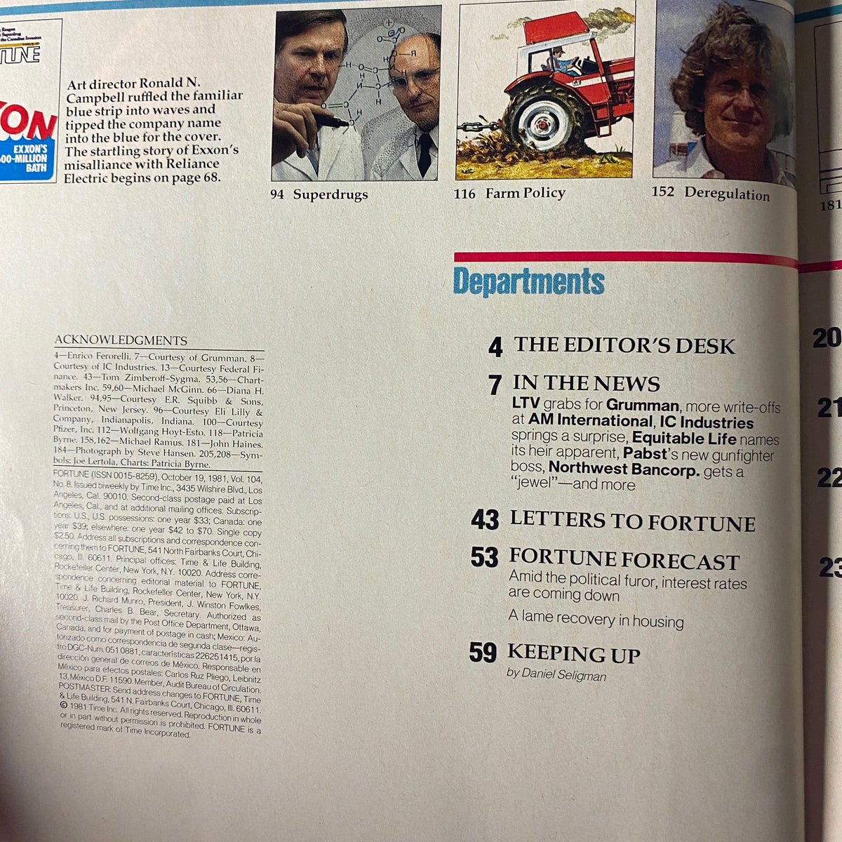 Inside page of Fortune Magazine, October 19, 1981, listing departments and articles including 'In the News', 'Fortune Forecast', and the cover story discussing Exxon's investment issues.