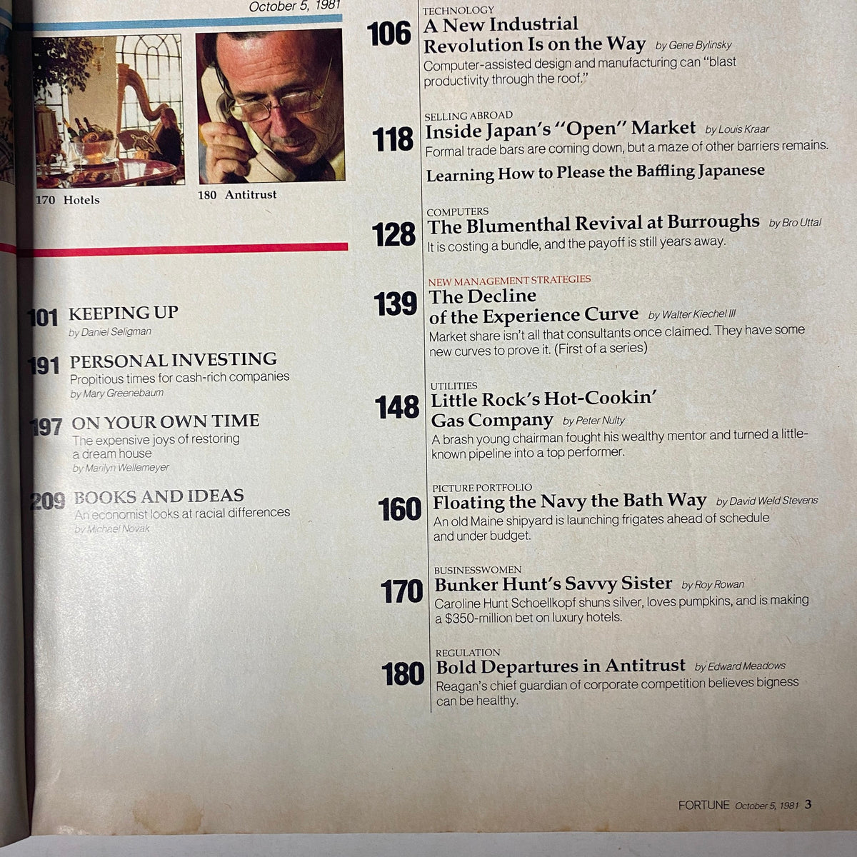 Table of contents from Fortune Magazine, October 5, 1981, featuring articles including 'A New Industrial Revolution Is on the Way', showcasing key topics and authors.