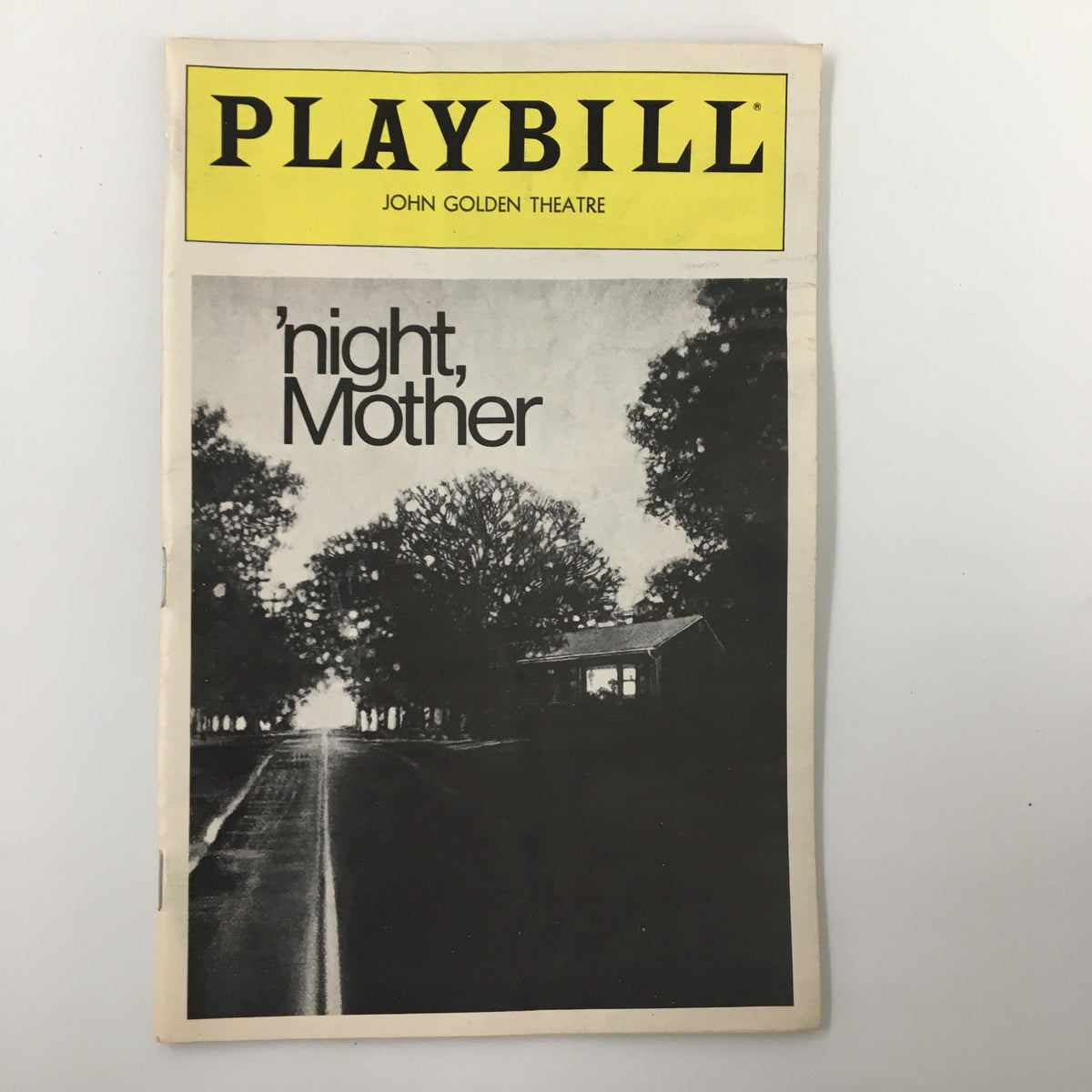 1983 Playbill for 'Night Mother' at John Golden Theatre featuring a black and white cover with trees lining a road.