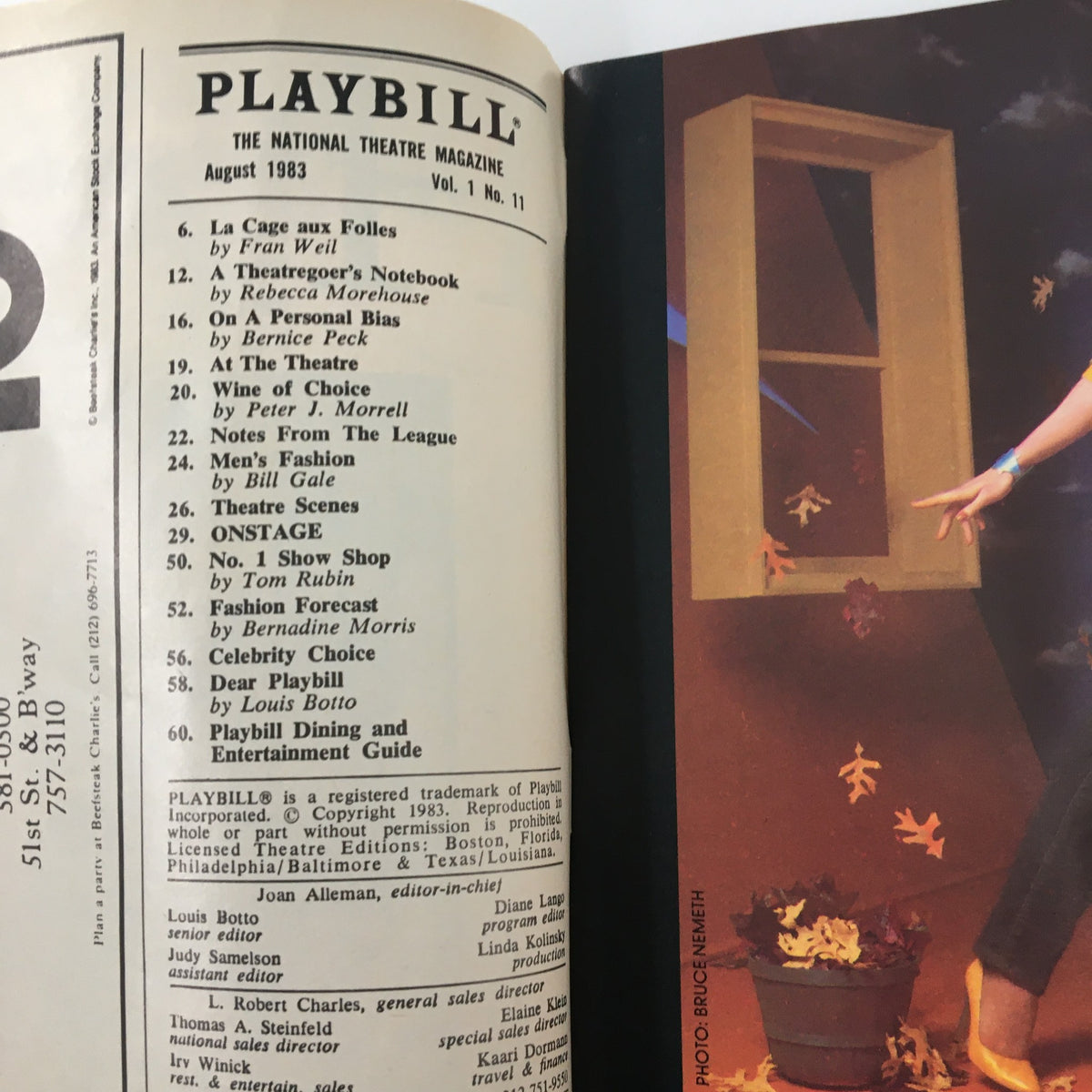 Inside page of the 1983 Playbill showing contents and features from the August 1983 issue, focusing on theatrical performances.