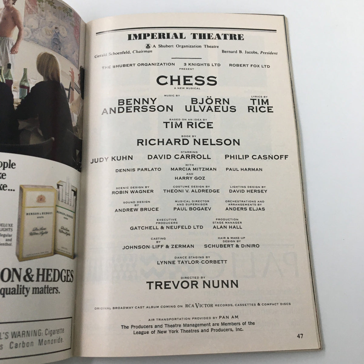 Interior of the 1988 Playbill for Chess directed by Trevor Nunn, showcasing cast and crew details including Benny Andersson and Tim Rice's contributions to the musical.