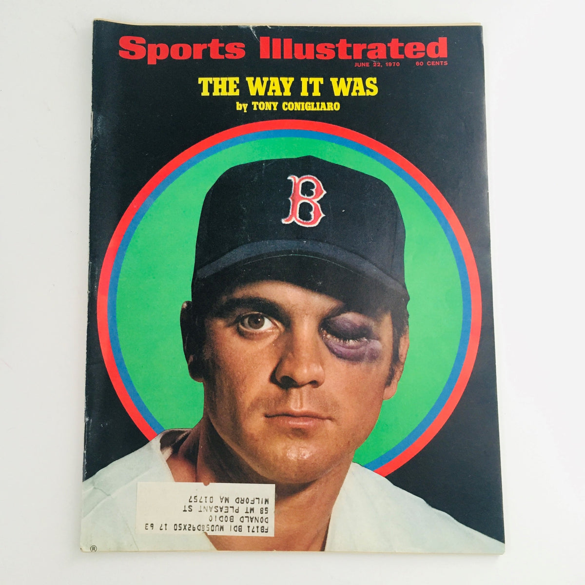 Cover of Sports Illustrated Magazine from June 22, 1970, featuring the title 'The Way It Was' by Tony Conigliaro, showcasing a portrait of Conigliaro with a bruise near his right eye, set against a colorful background.