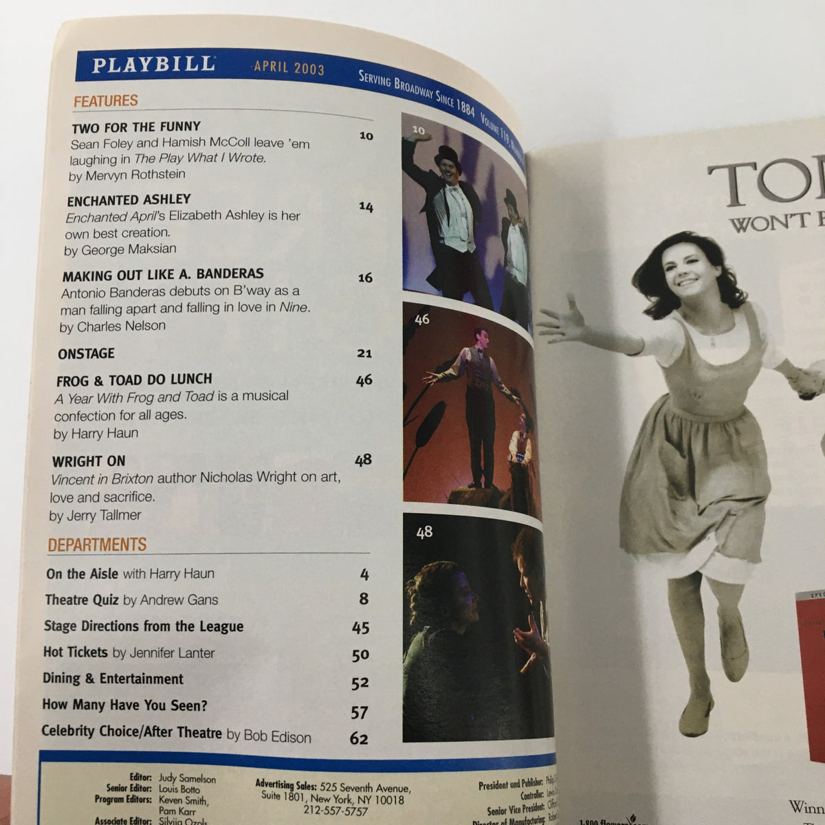 Inside page of the 2003 Playbill for Mamma Mia! detailing feature articles and advertisements, published in April 2003.