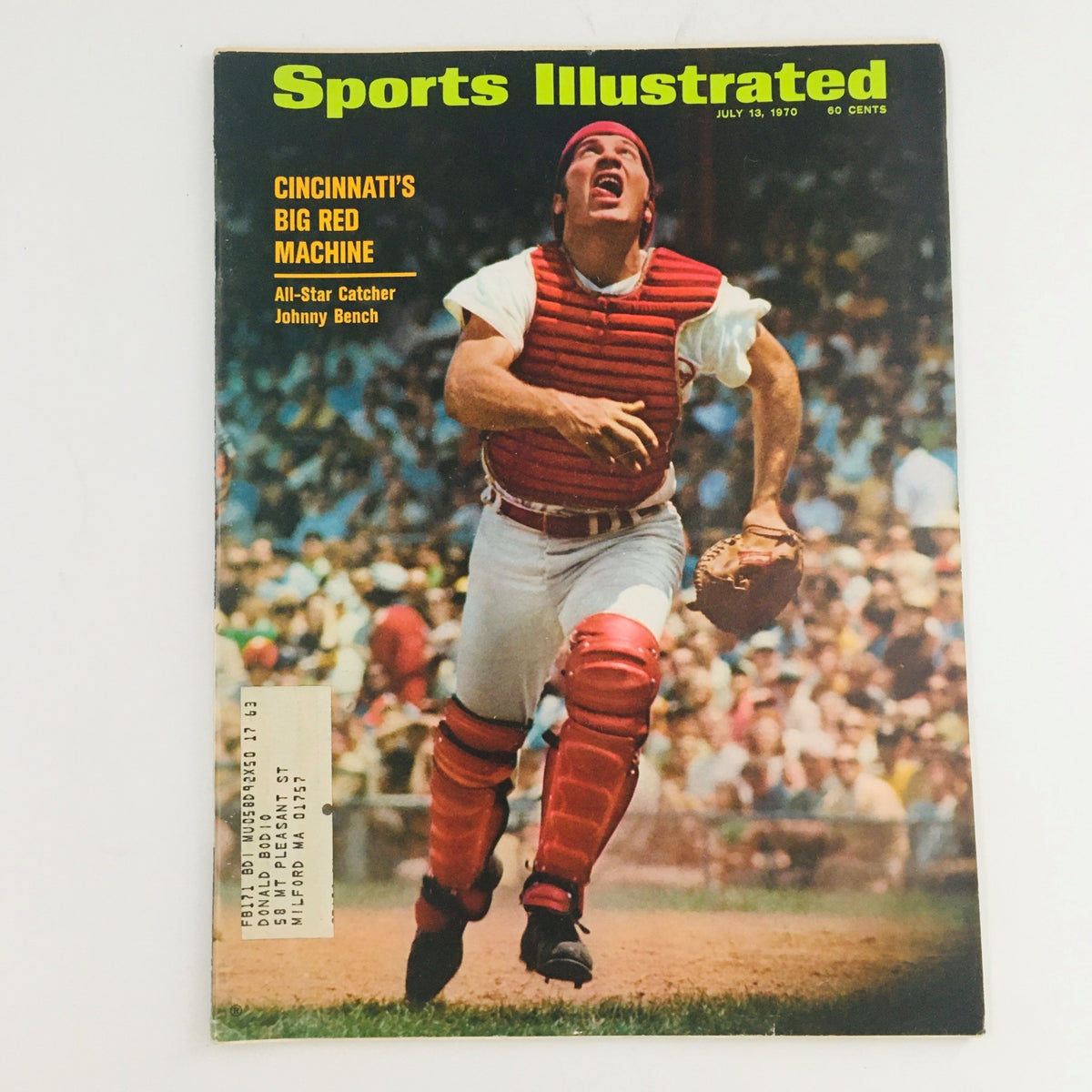 Sports Illustrated Magazine July 13 1970 featuring All-Star catcher Johnny Bench on the cover, depicting him in a red catcher's uniform, celebrating at a baseball game.