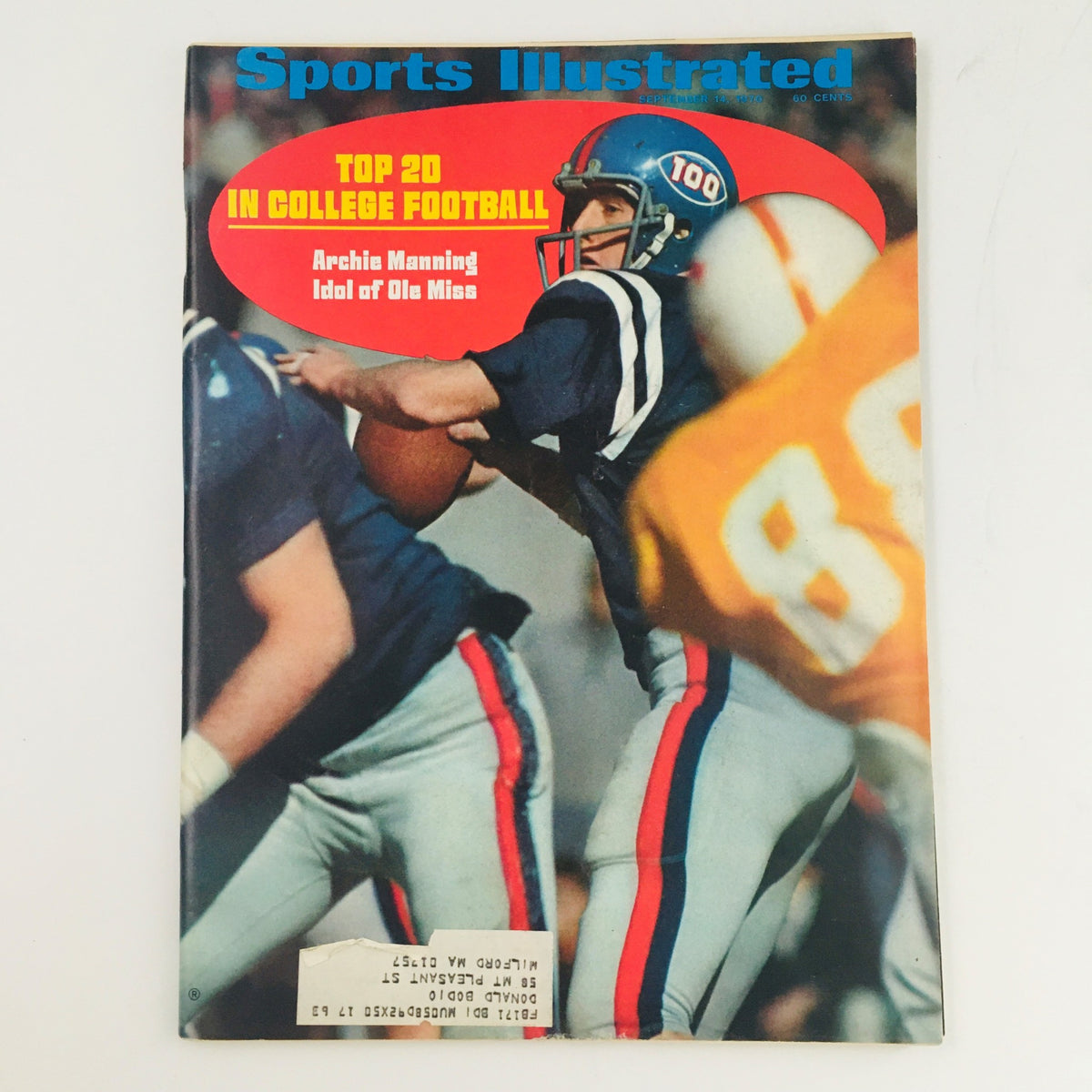Cover of Sports Illustrated Magazine from September 14, 1970, featuring Archie Manning, the idol of Ole Miss, showcasing college football highlights with the title 'Top 20 in College Football'.