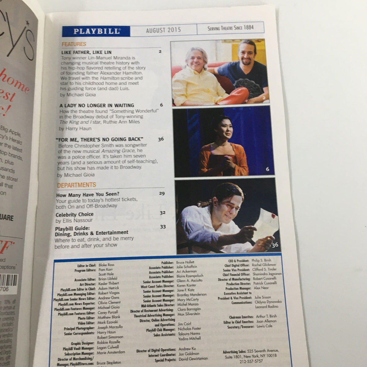 Interior page of the 2015 Playbill for Love & Money, featuring features and departments from the August 2015 issue, highlighting Broadway performances.