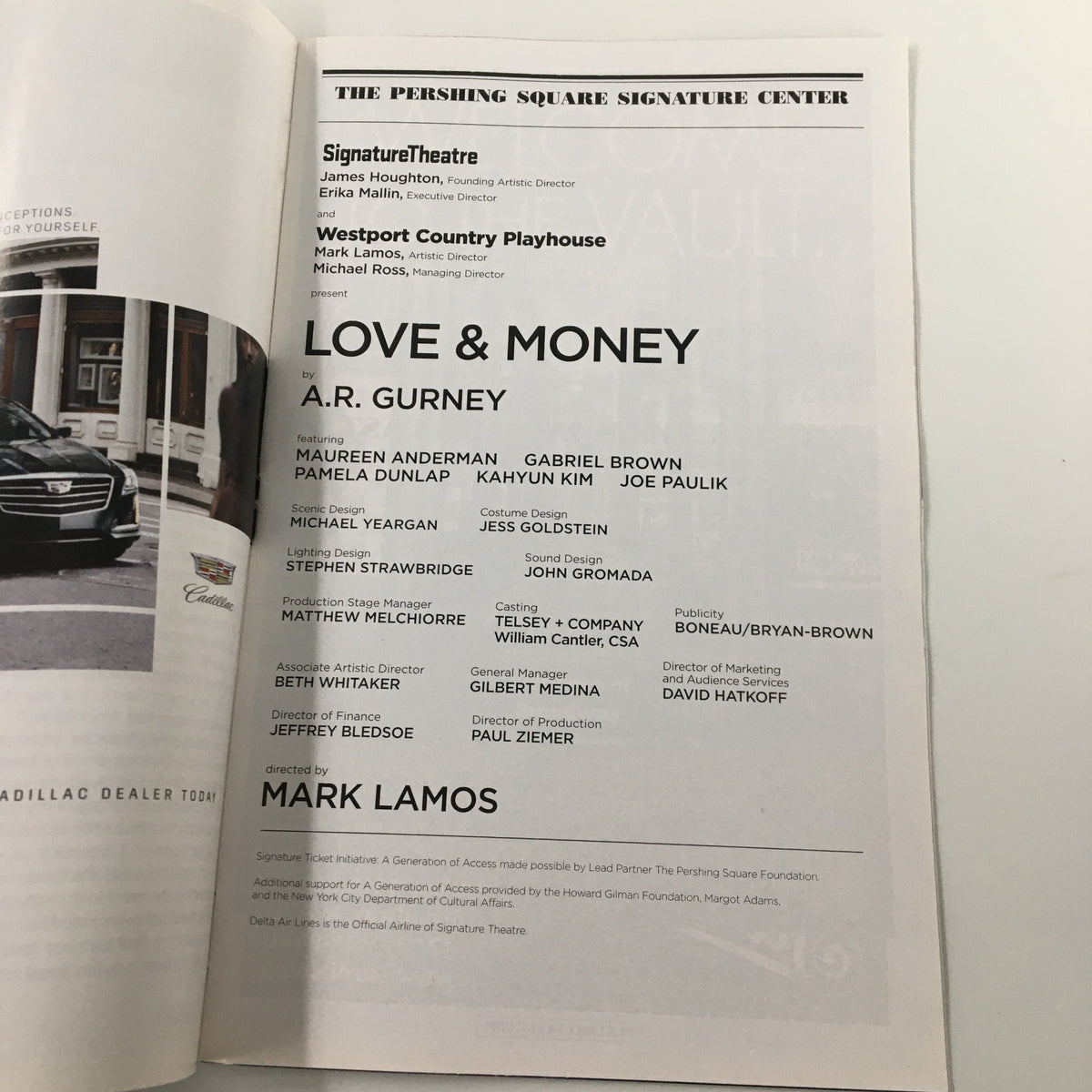 The 2015 Playbill for Love & Money, directed by Mark Lamos, showcasing the production details and cast list at the Pershing Square Signature Center.