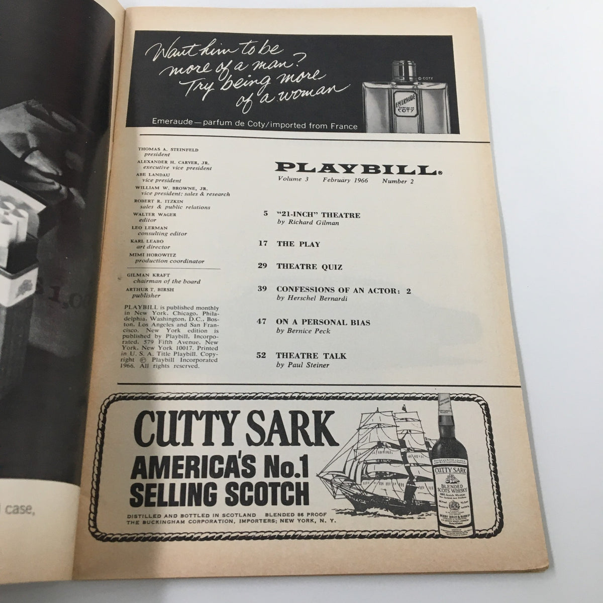 Inside page of the 1966 Playbill from The Booth Theatre featuring the table of contents and an advertisement for Cutty Sark scotch.