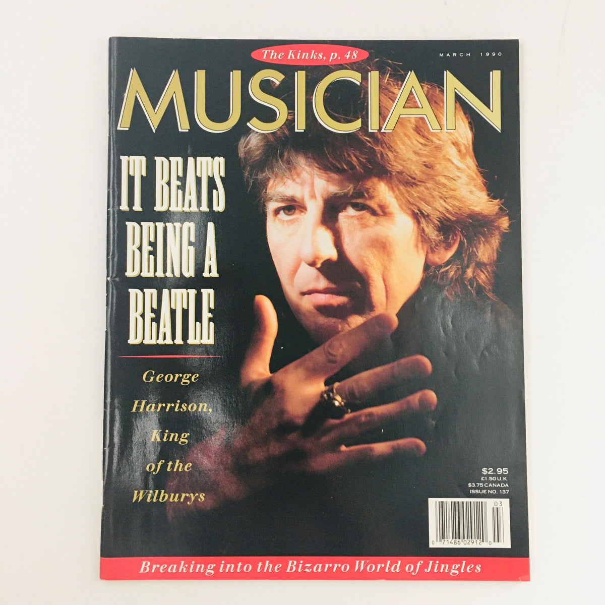 Cover of Musician Magazine March 1990 featuring George Harrison, titled 'It Beats Being a Beatle,' highlighting his role as 'King of the Wilburys'.