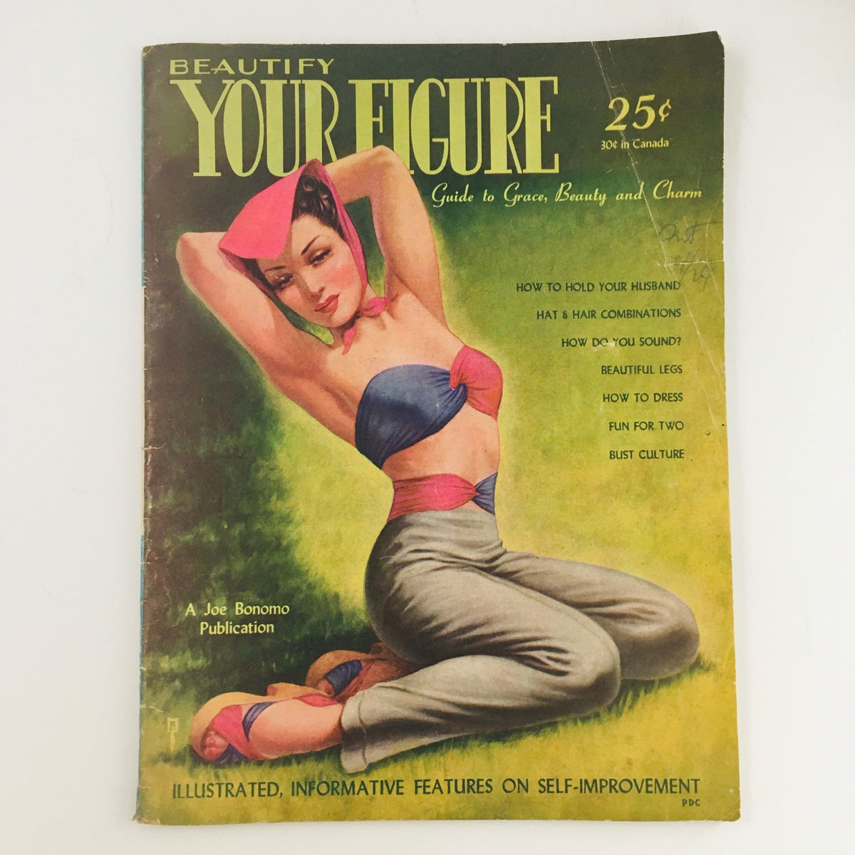Cover of the VTG Beautify Your Figure Magazine, 1945 edition featuring a vintage illustration of a woman, emphasizing grace and beauty, with text on relationship advice.