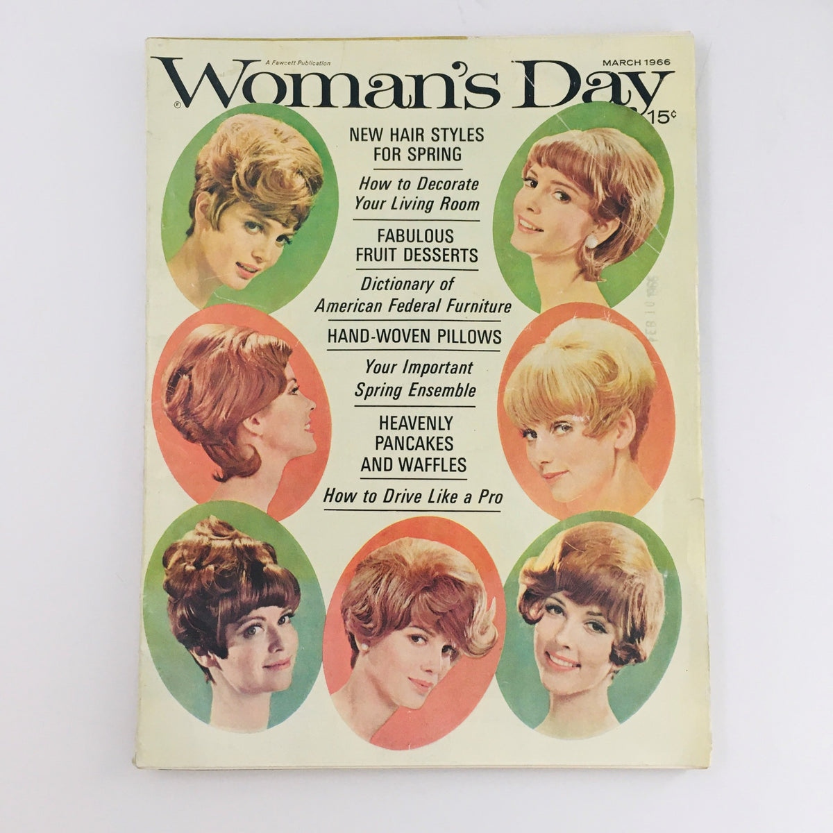 Cover of Woman's Day Magazine March 1966 showcasing 'New Hair Styles For Spring' with illustrations of various hairstyles, along with articles on decorating, desserts, and seasonal fashion tips.
