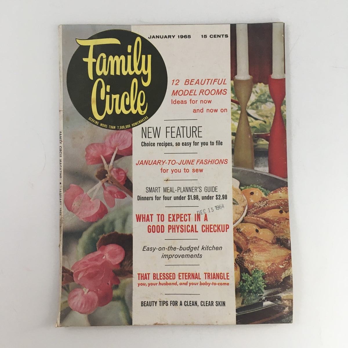 Family Circle Magazine January 1965 cover featuring the Smart Meal-Planner's Guide, with vibrant illustrations of food dishes and details on meal planning.