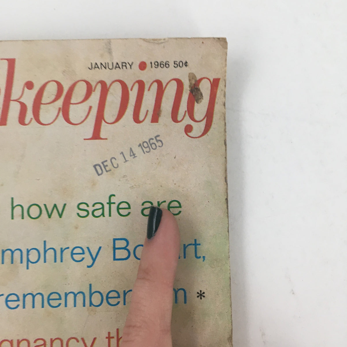 Upper corner detail of Good Housekeeping Magazine January 1966 emphasizing the date stamp and text about diet drugs and Humphrey Bogart.