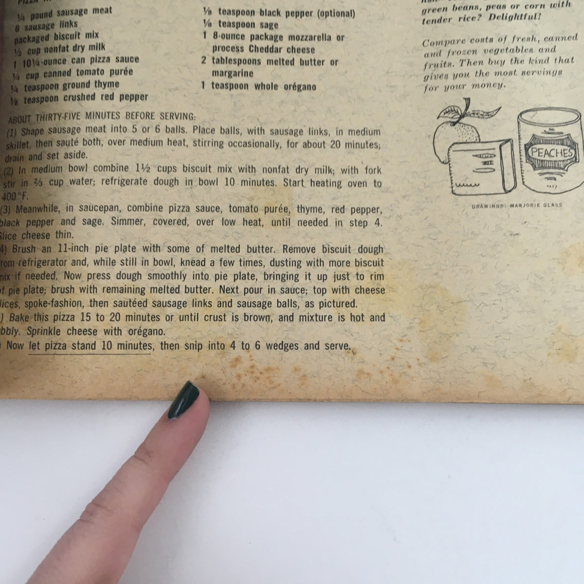 Inside page of Good Housekeeping Magazine January 1966 displaying a recipe for pizza, emphasizing budget-friendly meal options.