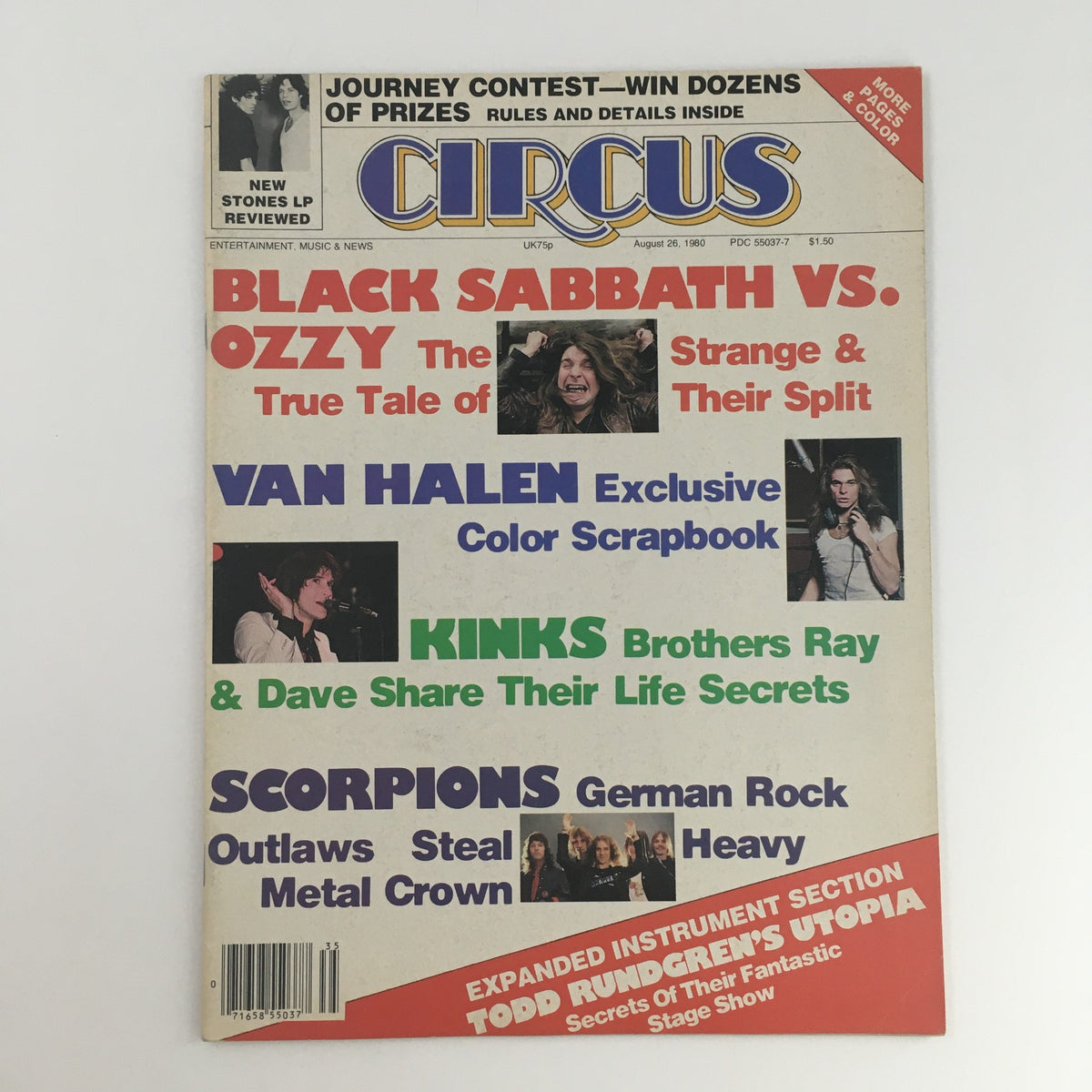 Circus Magazine August 26 1980 featuring Ozzy Osbourne, Van Halen, and Kinks on the cover, with vibrant text highlighting music articles and band features.