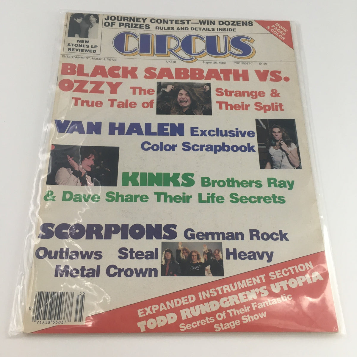 Circus Magazine August 26 1980 in protective plastic, showcasing Ozzy Osbourne, Van Halen, and Kinks on the cover with headlines about music legends and upcoming features.