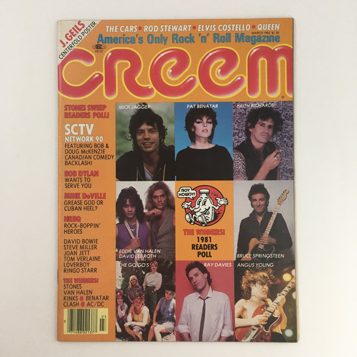 Creem Magazine March 1982 featuring Mick Jagger, Pat Benatar, and Keith Richards on the cover, showcasing America's Only Rock 'n' Roll Magazine with vibrant colors and iconic musicians.