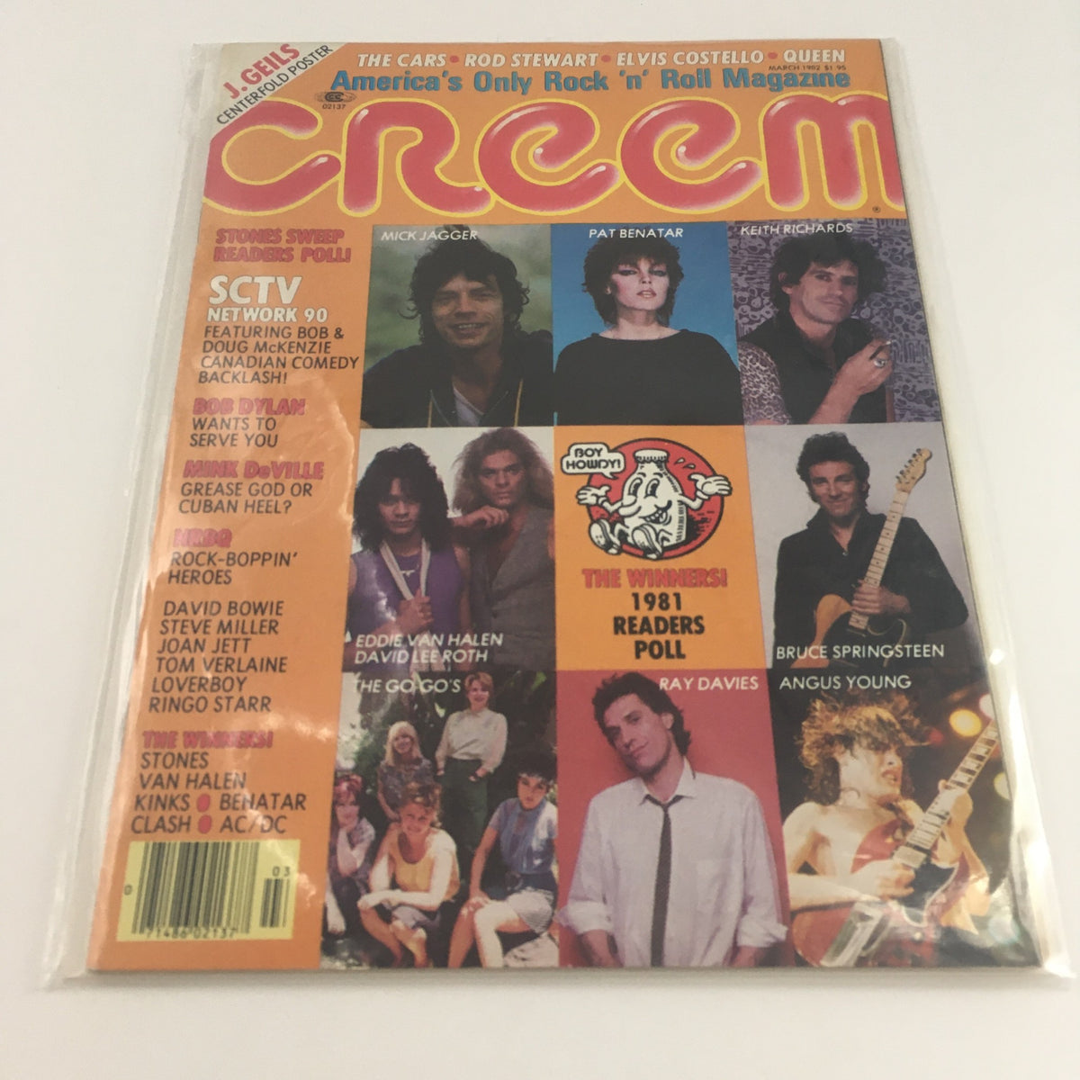 Creem Magazine March 1982 in protective covering, featuring Mick Jagger, Pat Benatar, and Keith Richards on the cover, highlighting rock legends and a readers poll for the 1981 winners.