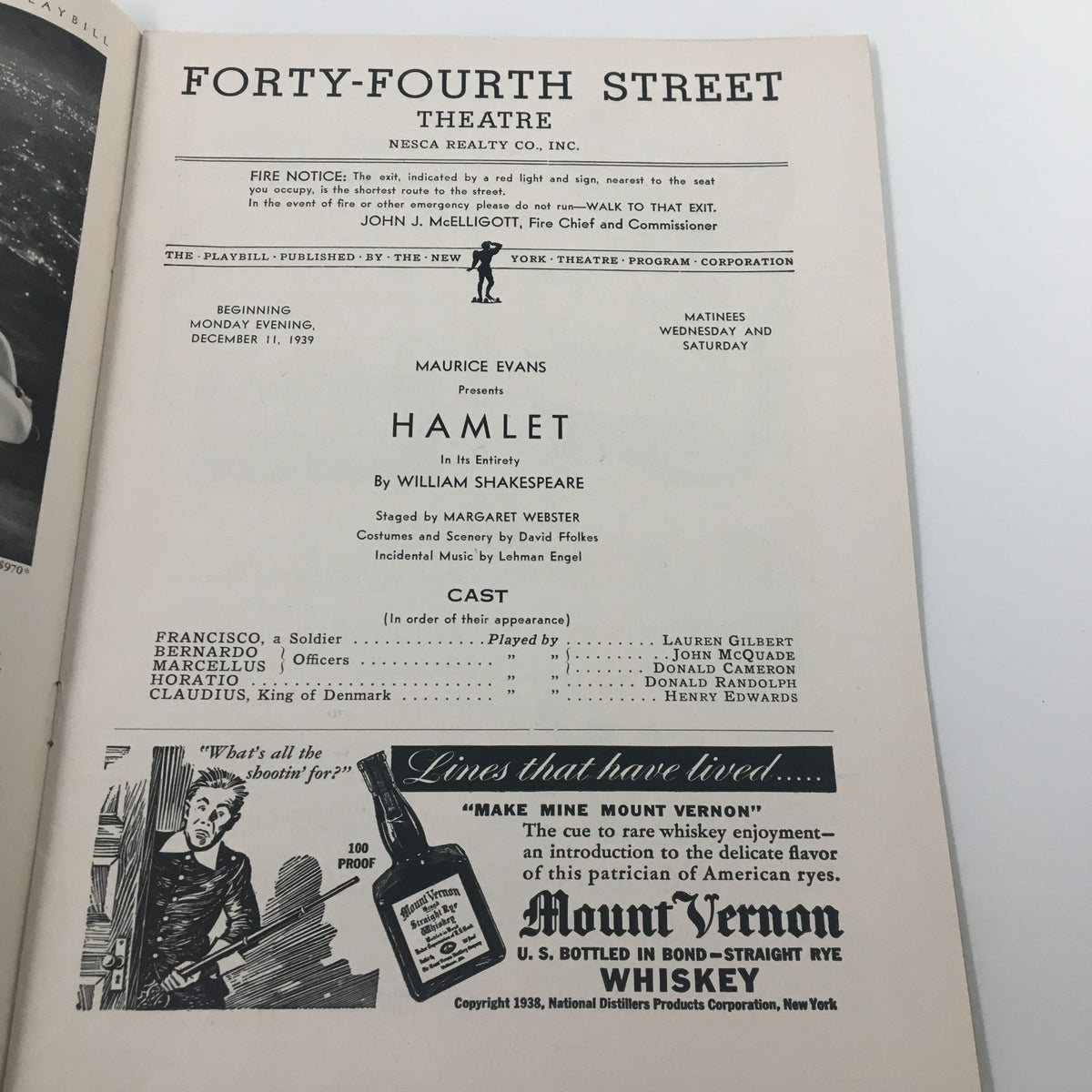Inside page of the 1939 Playbill for Hamlet by William Shakespeare, detailing the production's cast and credits at the Forty-Fourth Street Theatre.