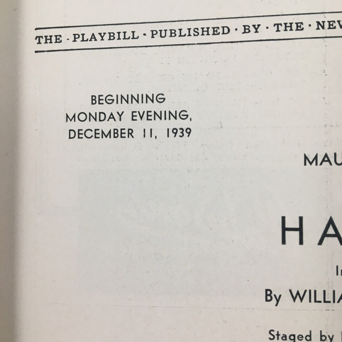 1939 Playbill cover for Maurice Evans' Hamlet, indicating the opening date of December 11, 1939, showcasing vintage theatrical style.