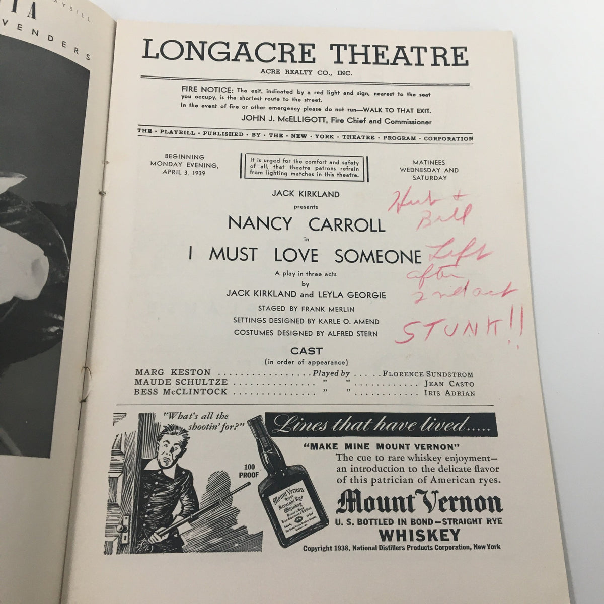 Inside page of the 1939 Playbill from Longacre Theatre, showcasing Nancy Carroll in 'I Must Love Someone'. Includes cast list and production details.