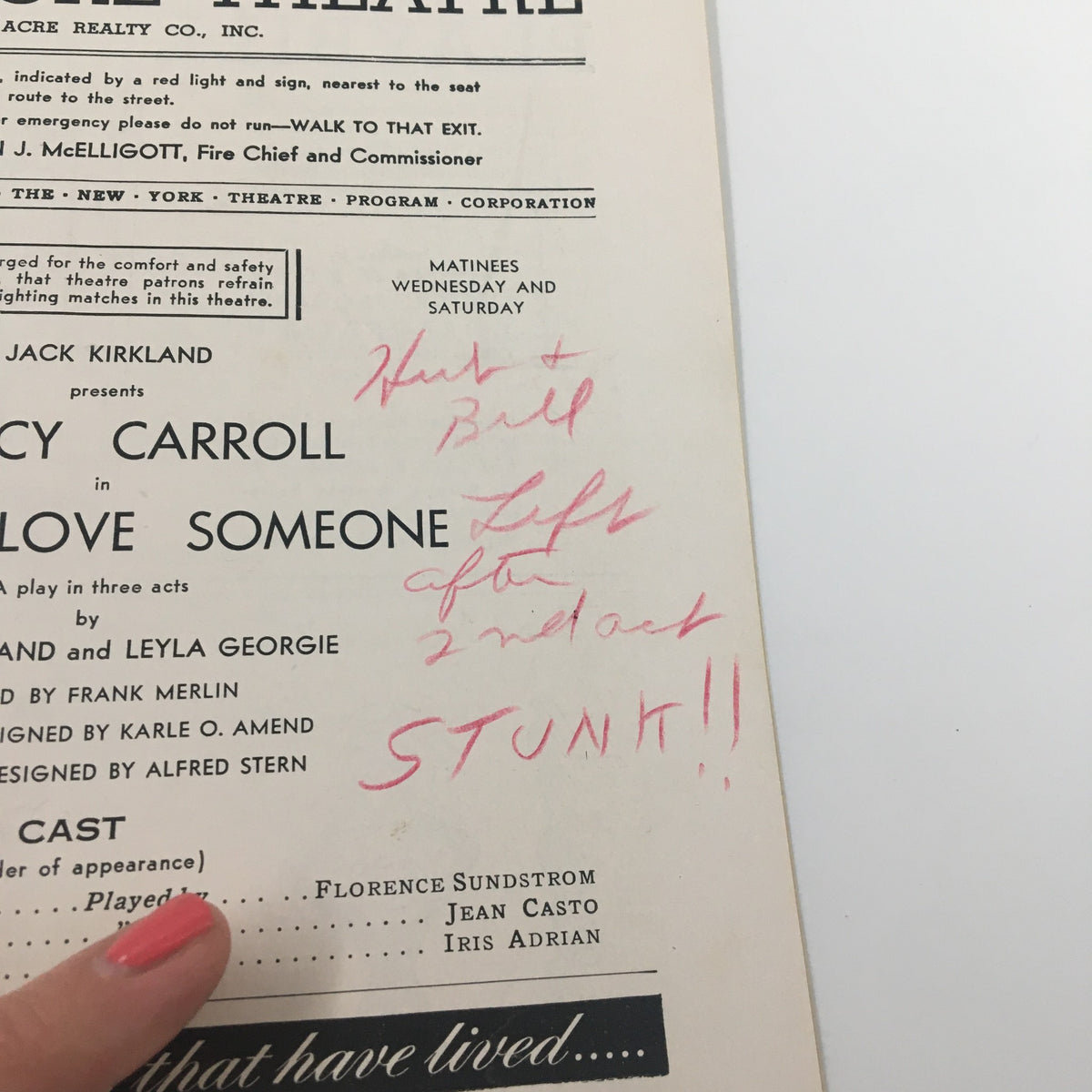 Handwritten notes on the inside page of the 1939 Playbill for 'I Must Love Someone', featuring Nancy Carroll, detailing audience reactions.