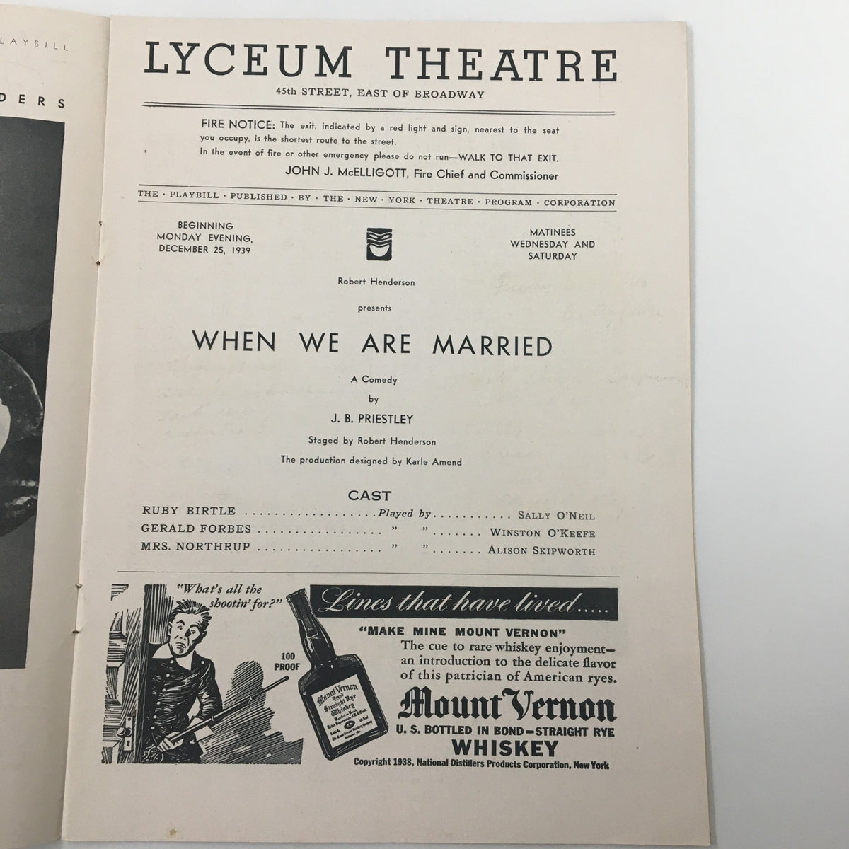 Inside page of the 1939 Playbill for When We Are Married by J.B. Priestley, detailing the cast and production credits, and featuring an advertisement.