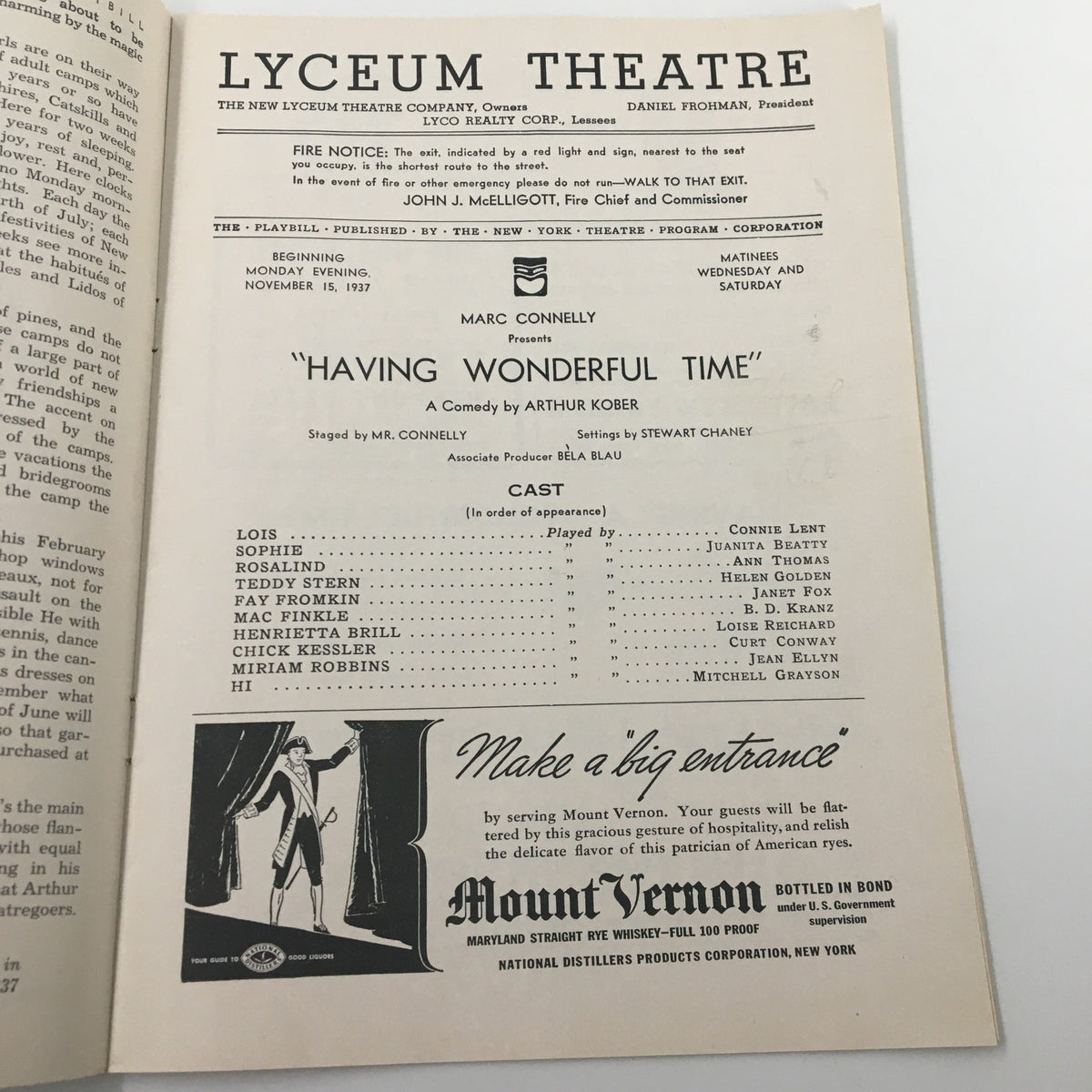 Inside page of the 1937 Playbill for 'Having A Wonderful Time' showcasing the cast and production details at the Lyceum Theatre.
