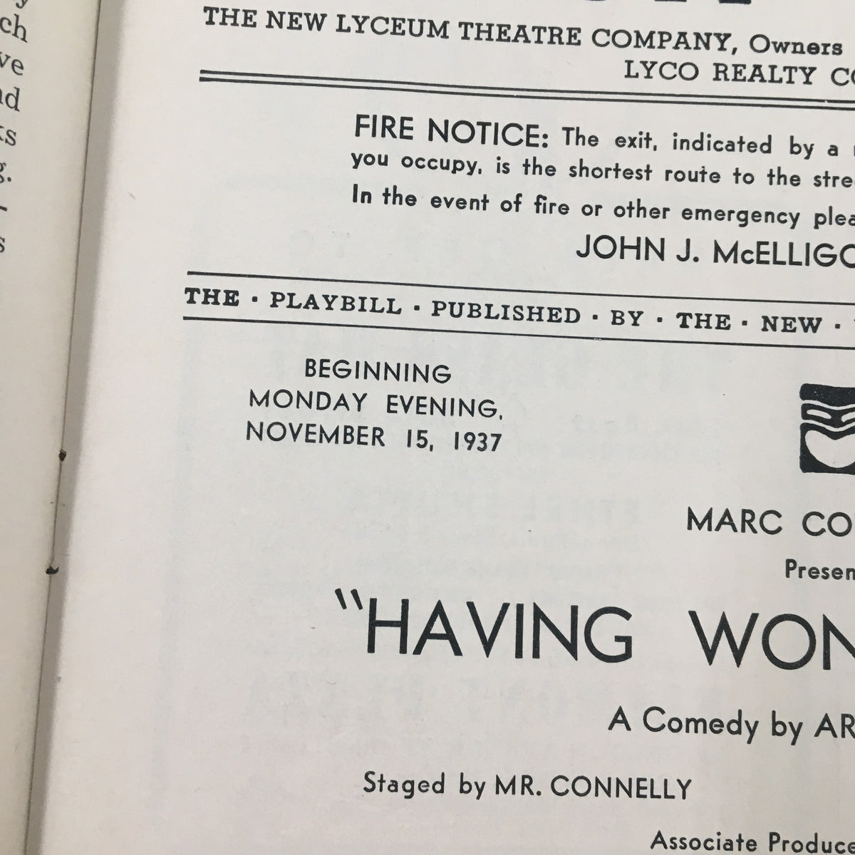 Close-up view of production information from the 1937 Playbill for 'Having A Wonderful Time' at the Lyceum Theatre, highlighting staging details.