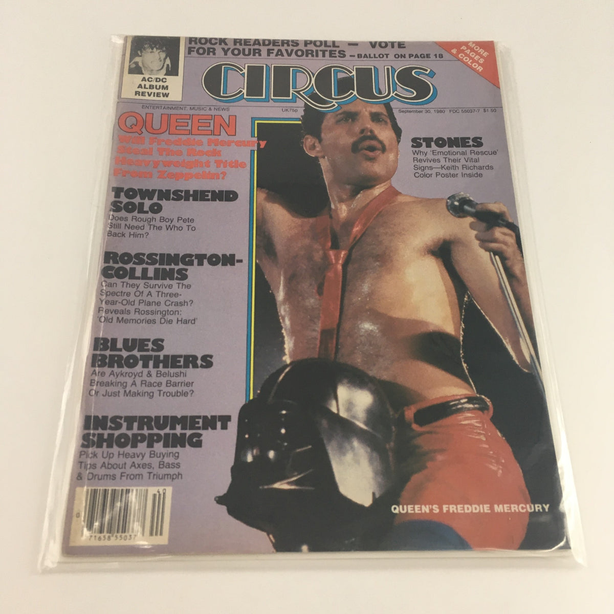 Circus Magazine September 30, 1980 featuring Queen's Freddie Mercury, presented in a protective bag, highlighting Freddie's dynamic presence on the cover with the magazine's vintage design.