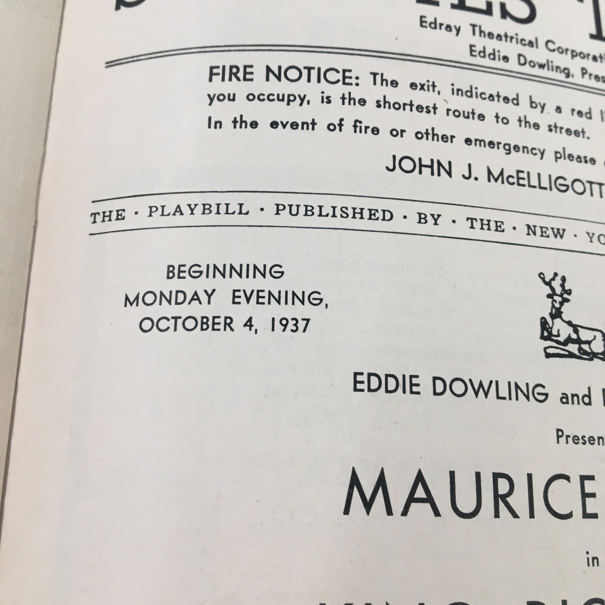 Close-up of the 1937 Playbill St. James Theatre highlighting the date October 4, 1937, and details about the performance of King Richard II by Maurice Evans.