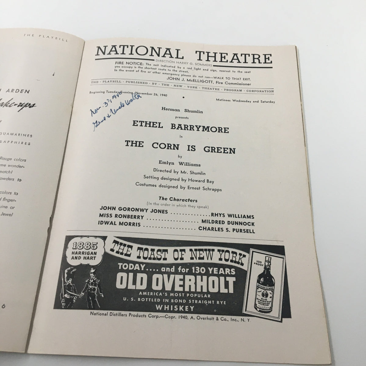 1940 Playbill for National Theatre featuring Ethel Barrymore in The Corn is Green, showing cast and production details.