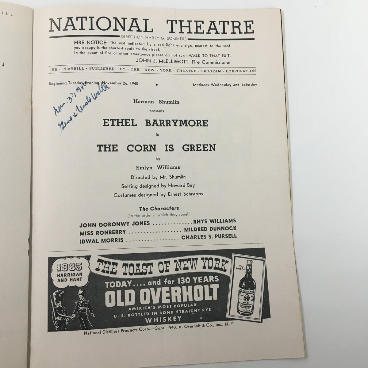 Close-up of the 1940 Playbill for National Theatre, featuring Ethel Barrymore in The Corn is Green, highlighting the performance date and characters.