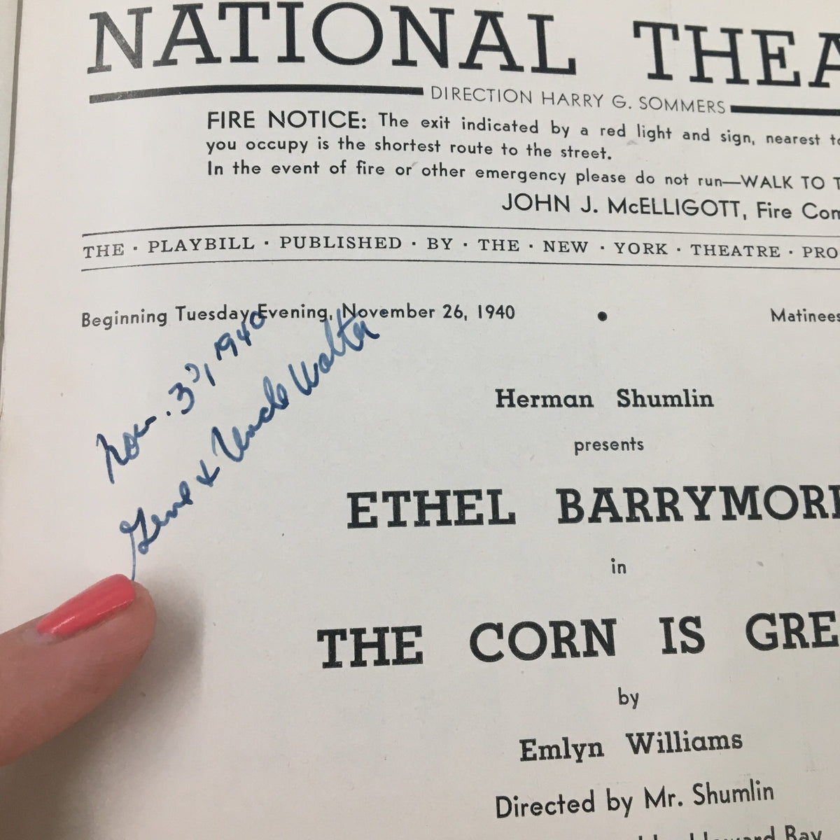 Detailed view of the 1940 Playbill for National Theatre with Ethel Barrymore in The Corn is Green, showcasing handwritten notes and production credits.