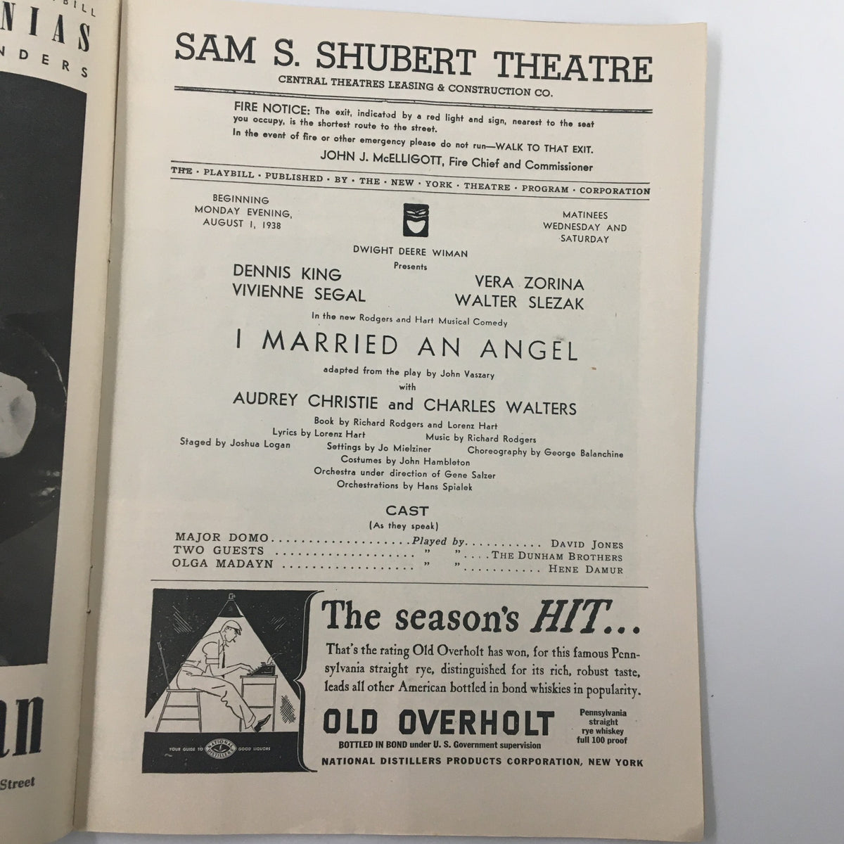1938 Playbill from the Sam S. Shubert Theatre featuring the musical 'I Married An Angel' starring Audrey Christie, showcasing cast details and production information.