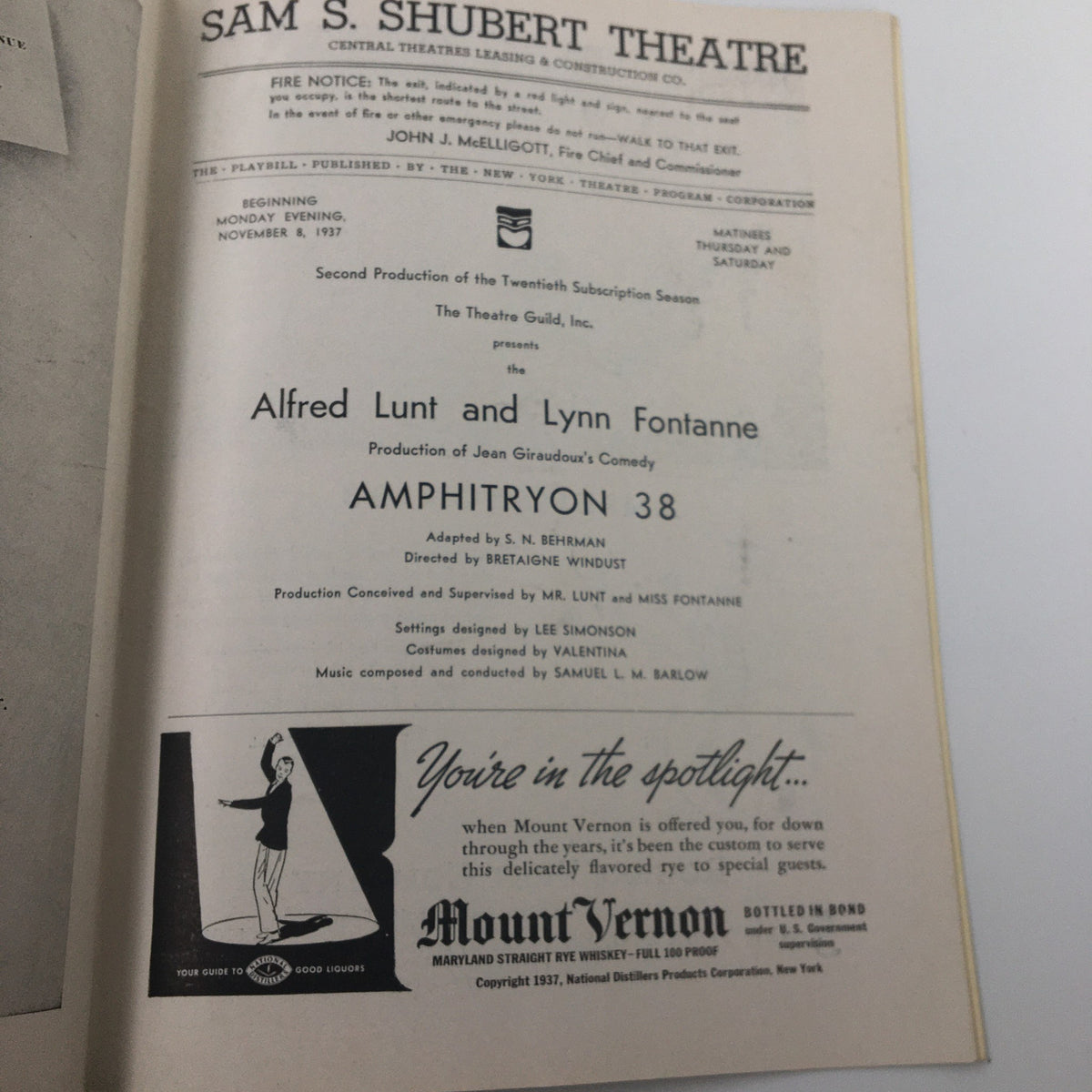 Interior page of the 1937 Playbill from the Sam S. Shubert Theatre, detailing the production of 'Amphitryon 38' featuring Alfred Lunt and Lynn Fontanne.