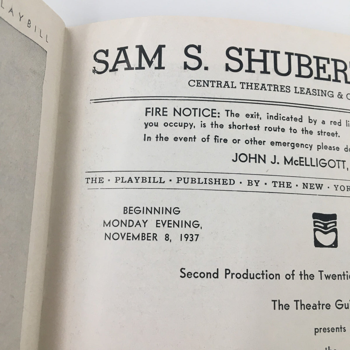 Another interior view of the 1937 Playbill from the Sam S. Shubert Theatre, highlighting the show's details for 'Amphitryon 38' starring Alfred Lunt and Lynn Fontanne.