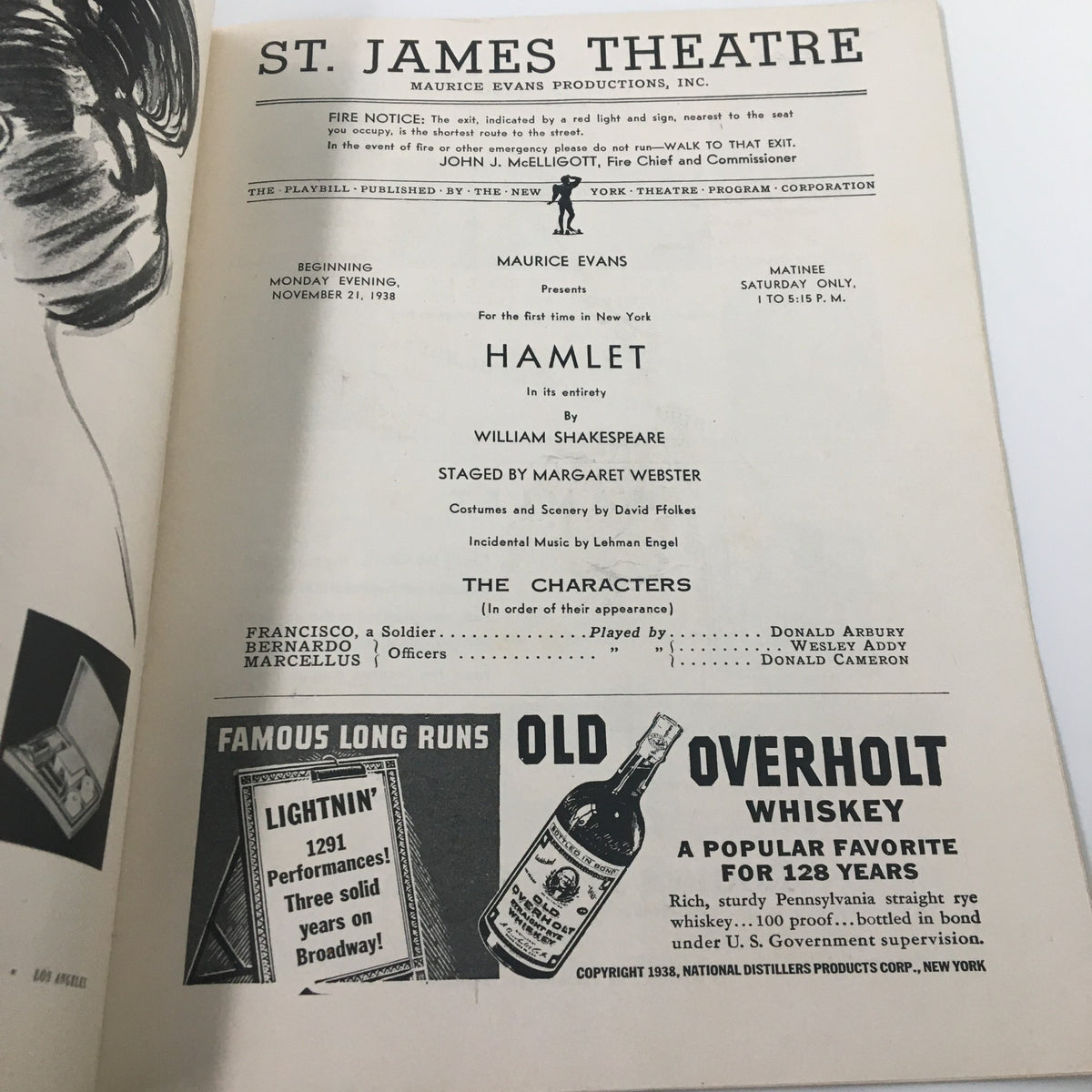 1938 Playbill from St. James Theatre featuring Maurice Evans in Hamlet by William Shakespeare, showcasing the cast and production details on the opening page.