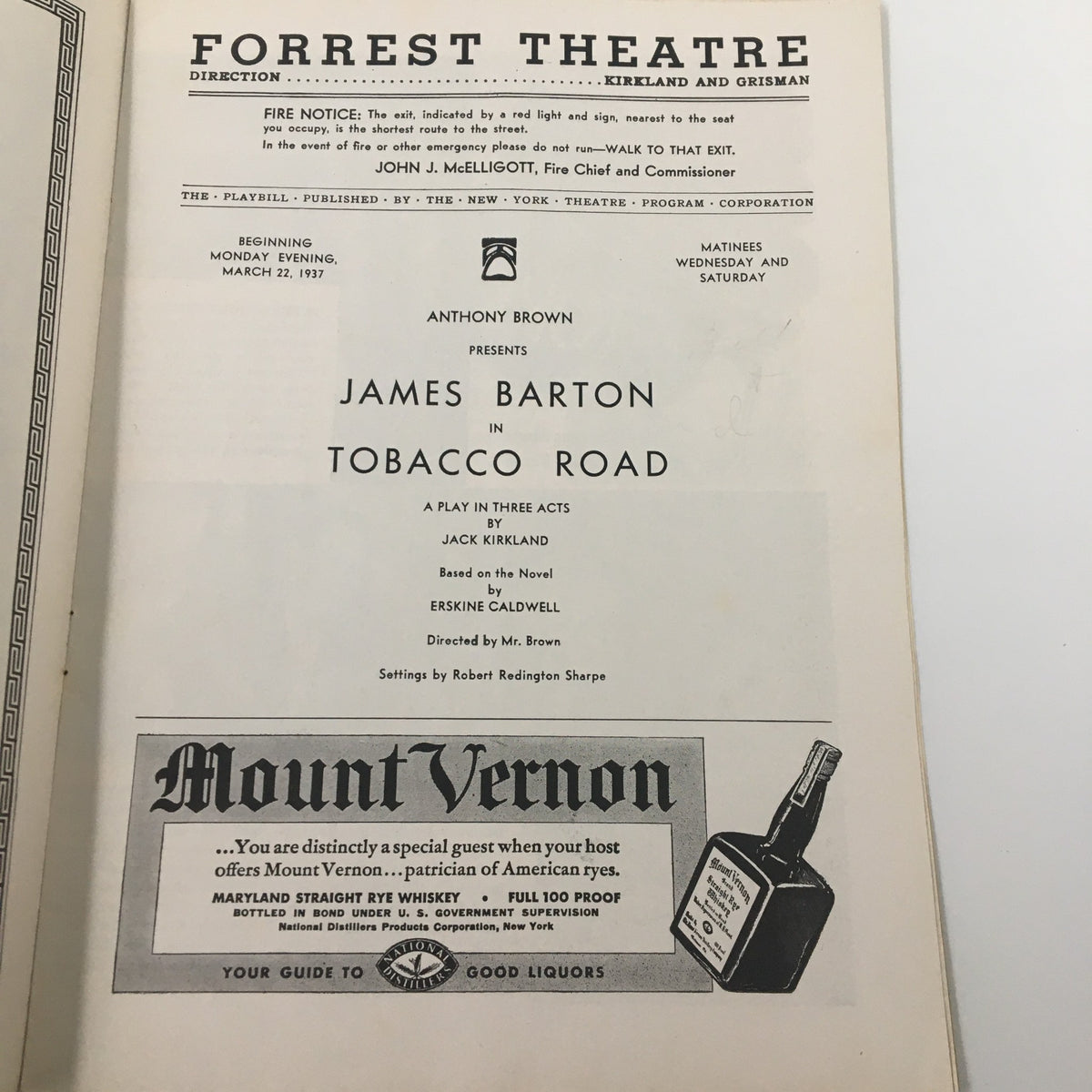 Interior page of the 1937 Playbill for Tobacco Road at Forrest Theatre highlighting the performances by Anthony Brown and James Barton.