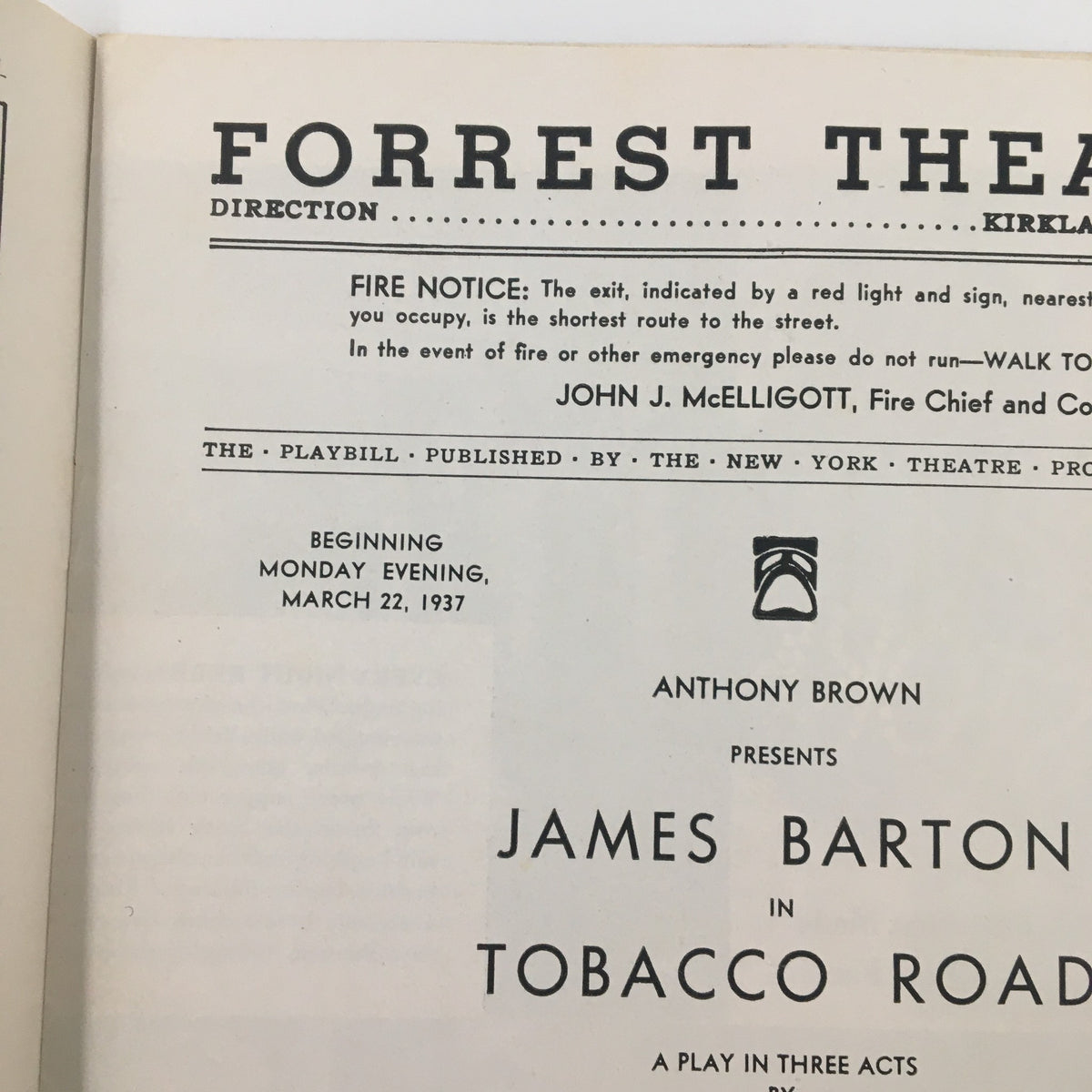 Close-up of the interior page from the 1937 Playbill for Tobacco Road at Forrest Theatre detailing the show schedule and cast information.