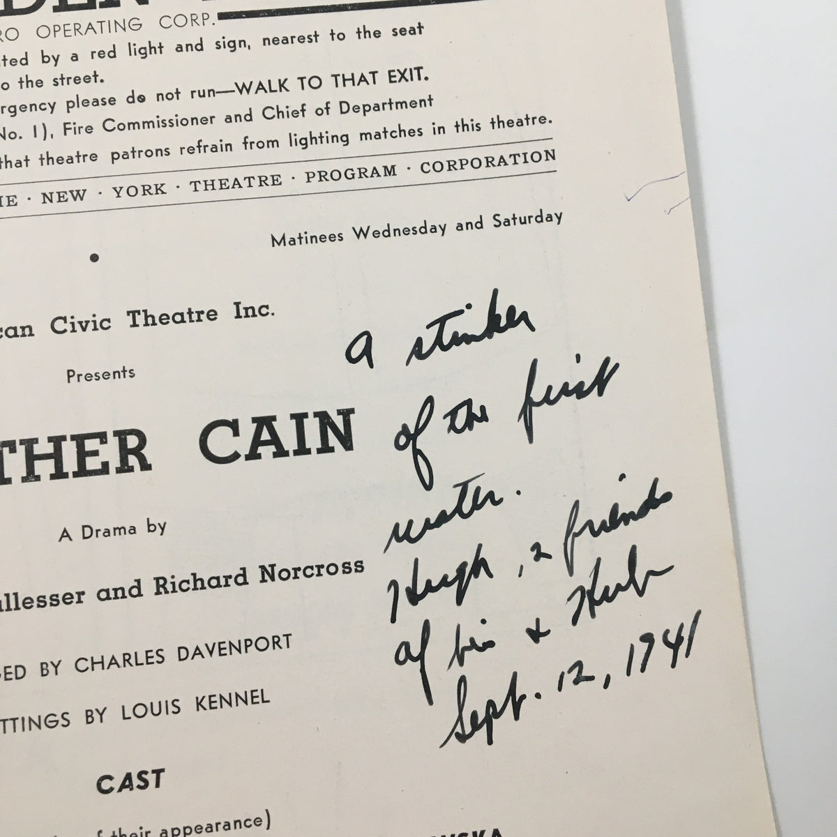 Close-up of the 1941 Playbill for Brother Cain, showing handwritten notes and cast information.
