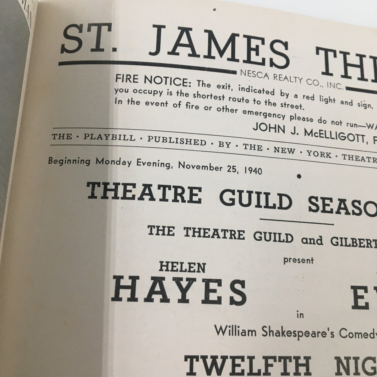 1940 Playbill from St. James Theatre featuring Helen Hayes and Maurice Evans in Twelfth Night. This image highlights the details of the playbill, including the performance start date and the title of Shakespeare's comedy.