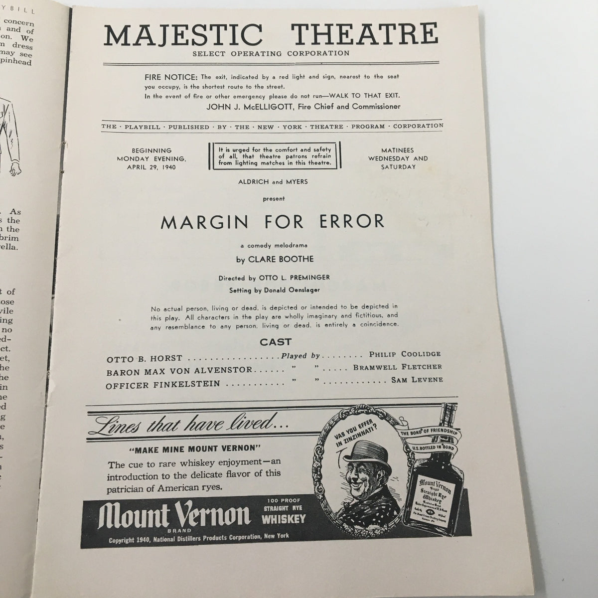 Interior view of the 1940 Playbill for 'Margin for Error' from Majestic Theatre, listing cast members and play details.