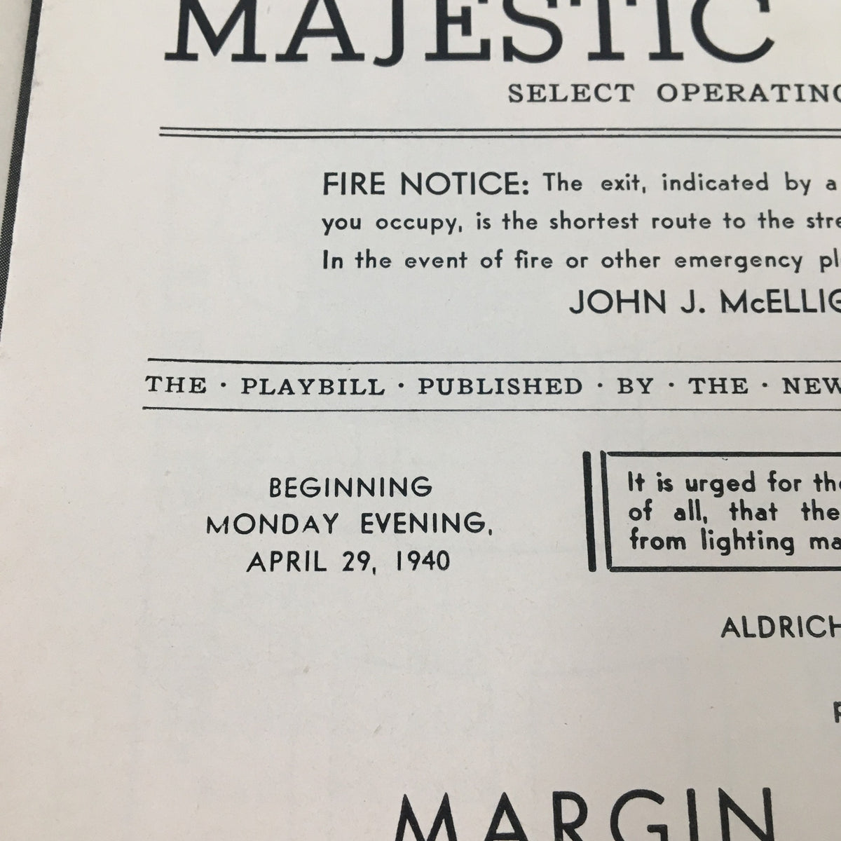Close-up of the header section of the 1940 Playbill 'Margin for Error', including the date of the performance at Majestic Theatre.